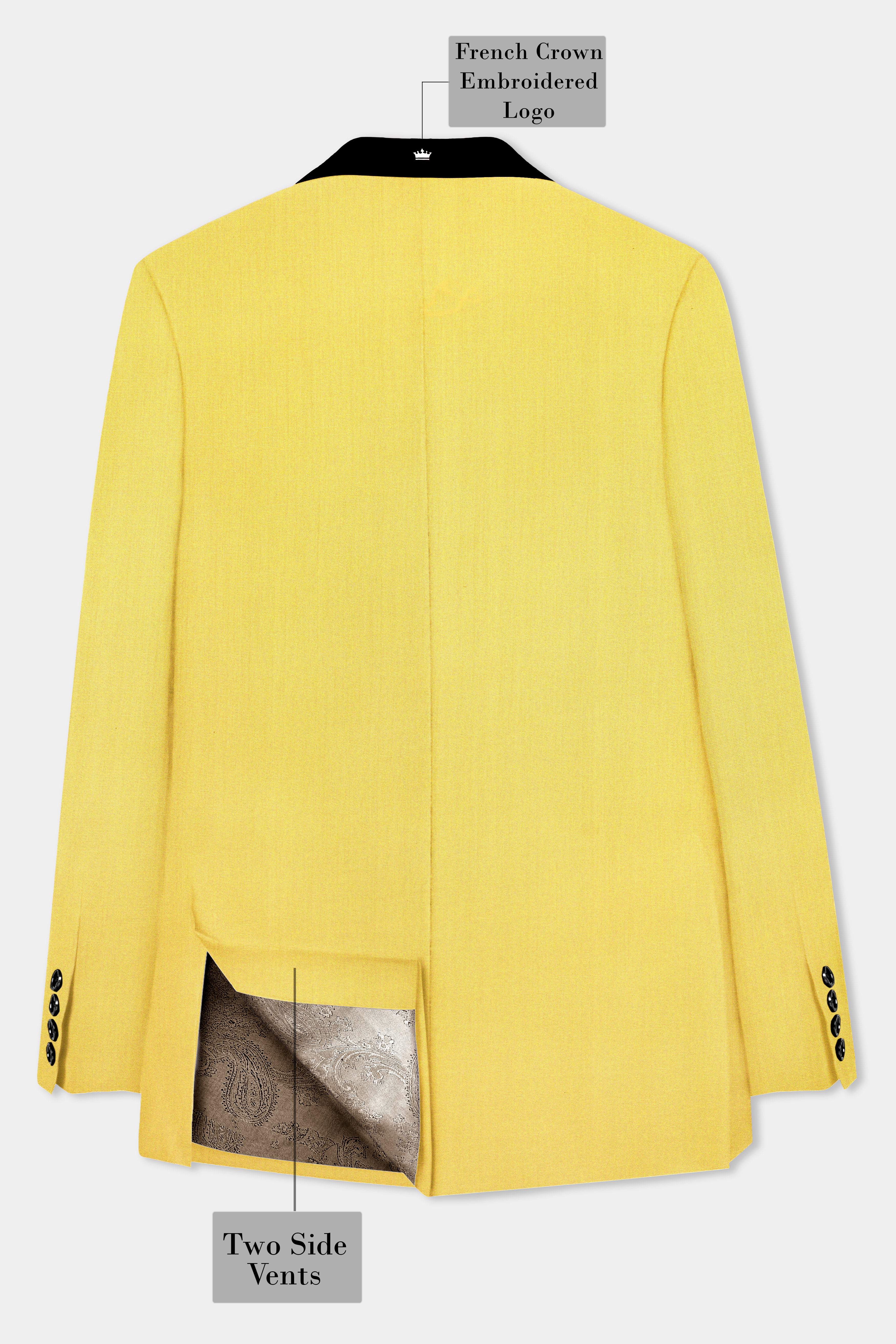 Saffron Elegance-Lemon Yellow Solid Wool Rich Tuxedo Slight Stretch Blazer