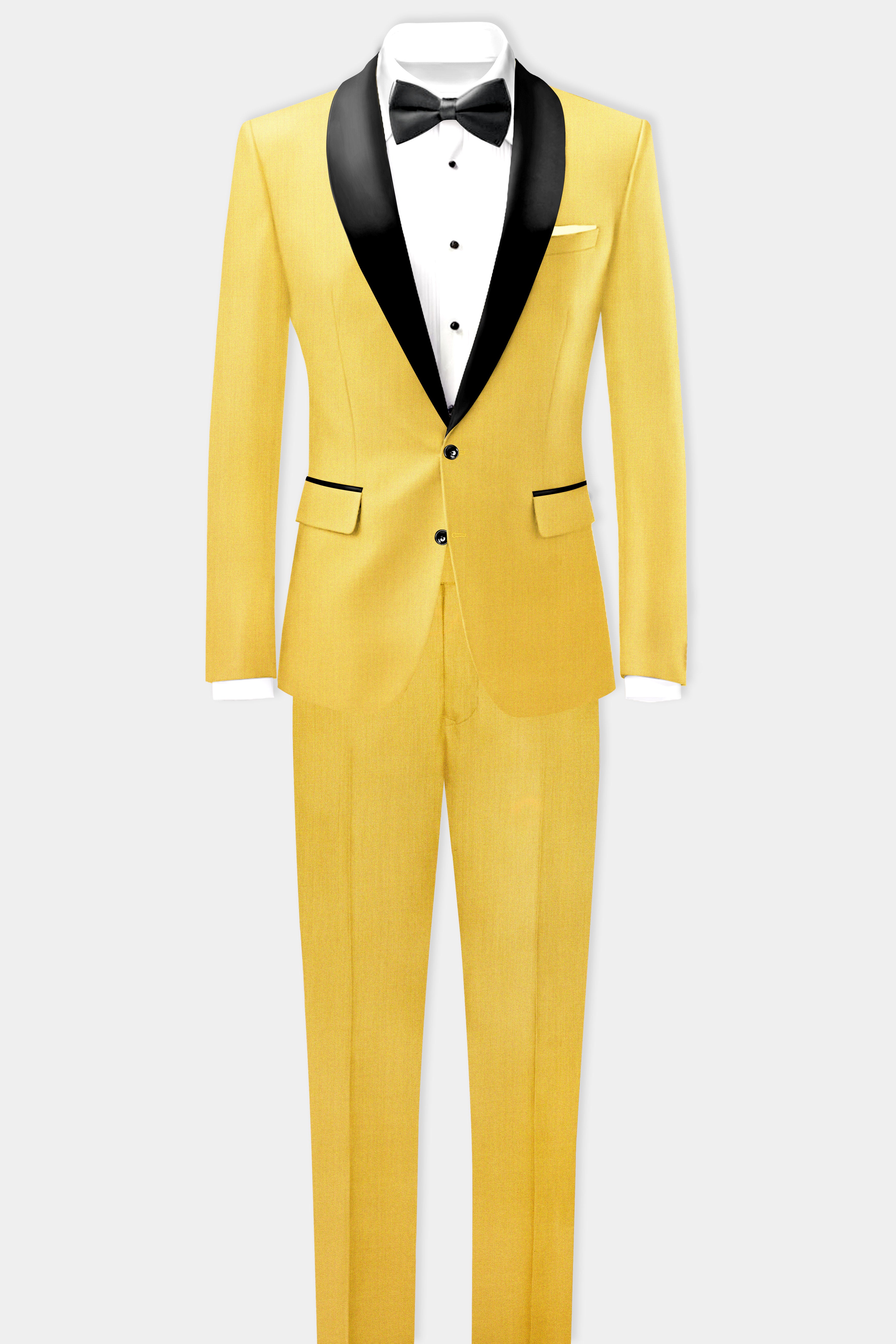 Saffron Elegance-Lemon Yellow Solid Wool Rich Tuxedo Slight Stretch Blazer