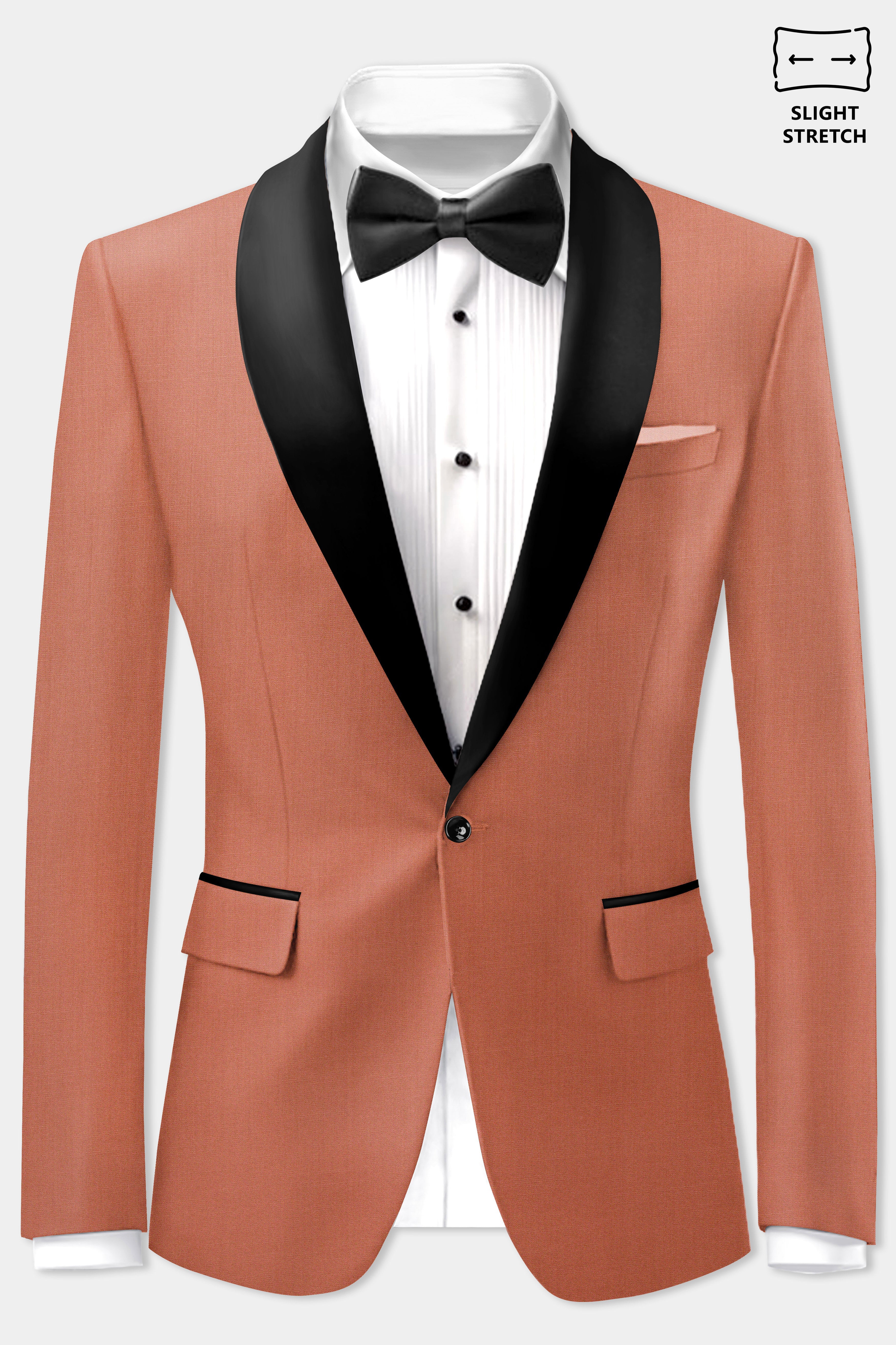 Spiced Sunset-Salmon Orange Solid Wool Rich Slight Stretch Tuxedo Blazer