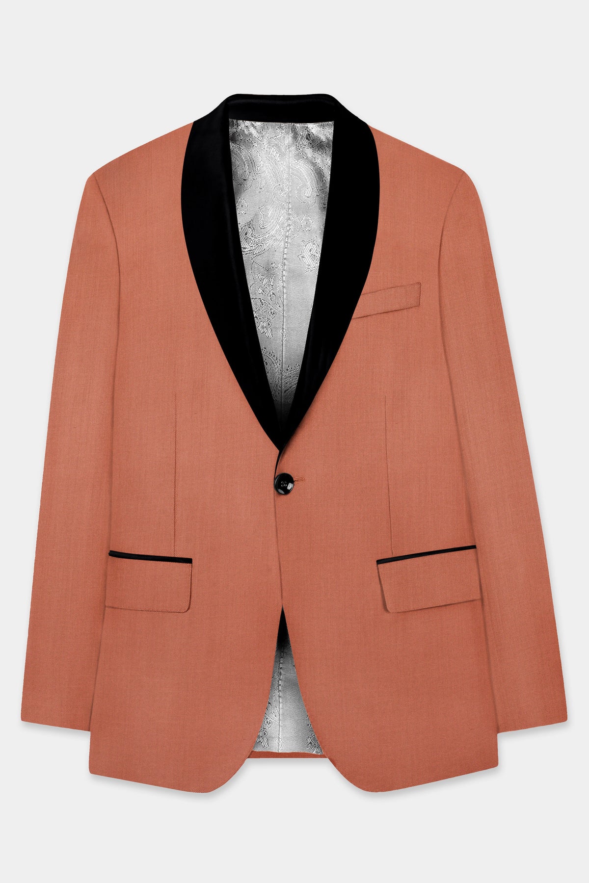 Spiced Sunset-Salmon Orange Solid Wool Rich Slight Stretch Tuxedo Blazer