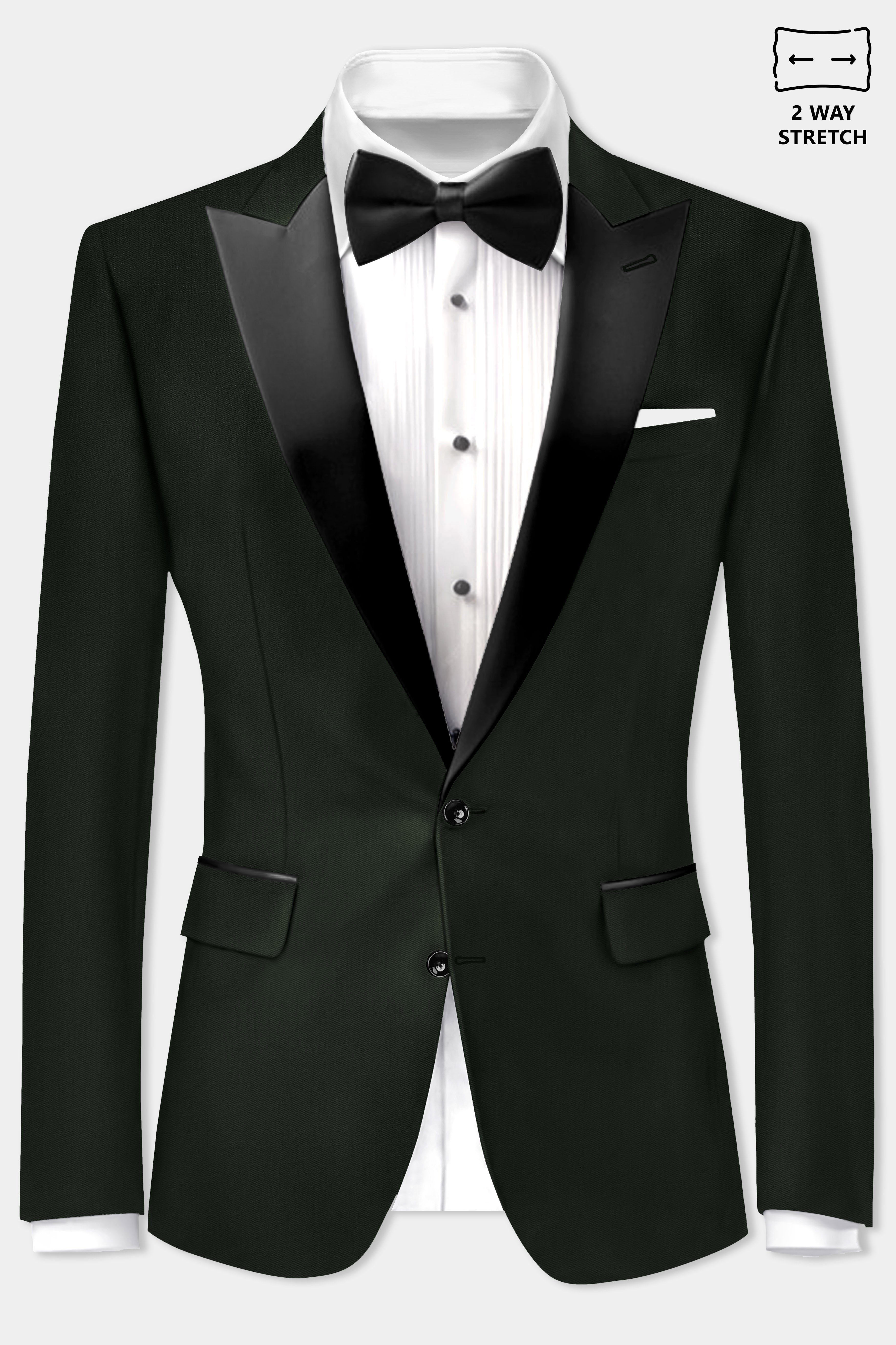 Verdant Majesty-Juniper Green Solid Wool Rich Peak Lapel Tuxedo Stretchable traveler Blazer