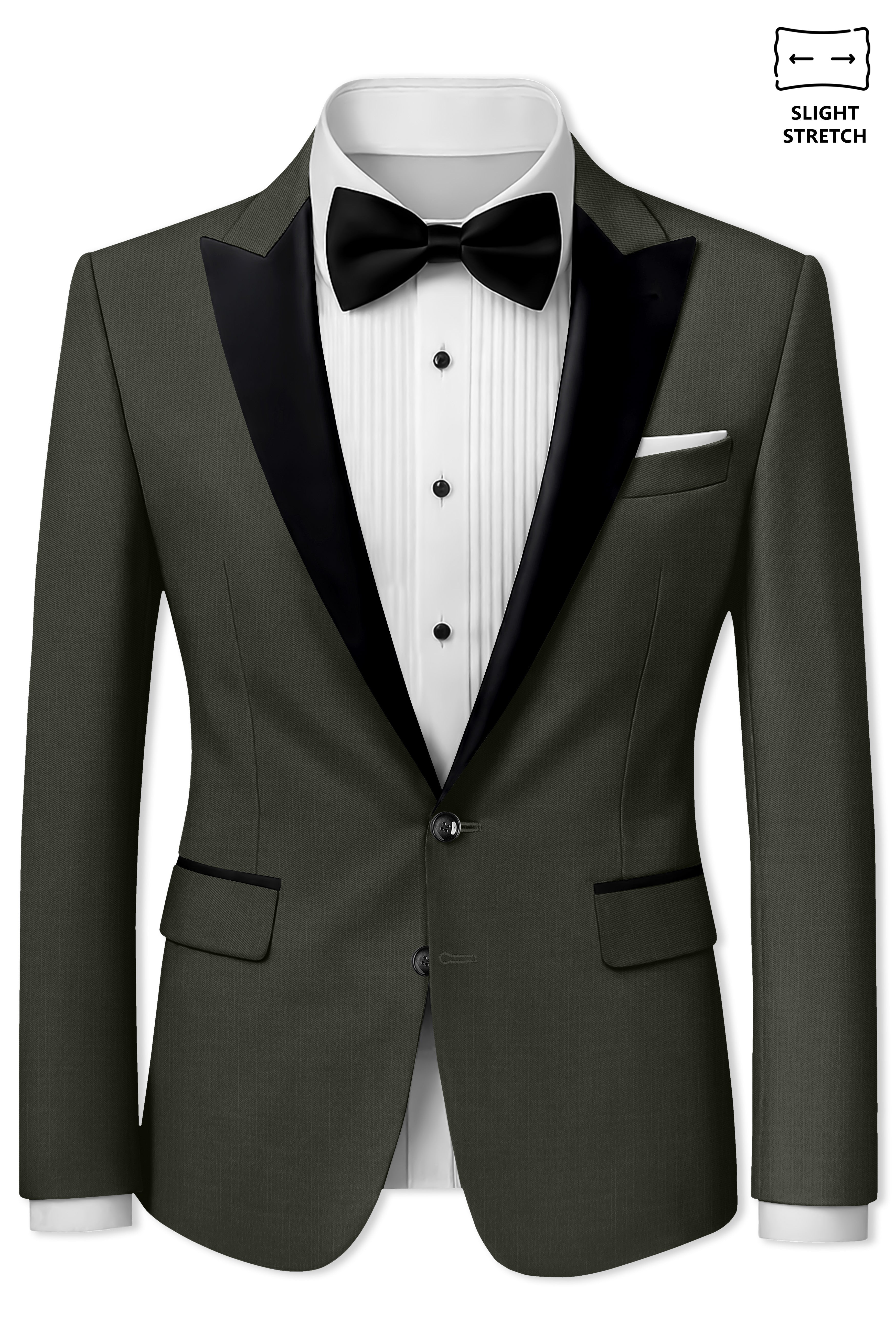 Verdant Majesty-Juniper Green Solid Wool Rich Peak Lapel Tuxedo Slight Stretch Blazer