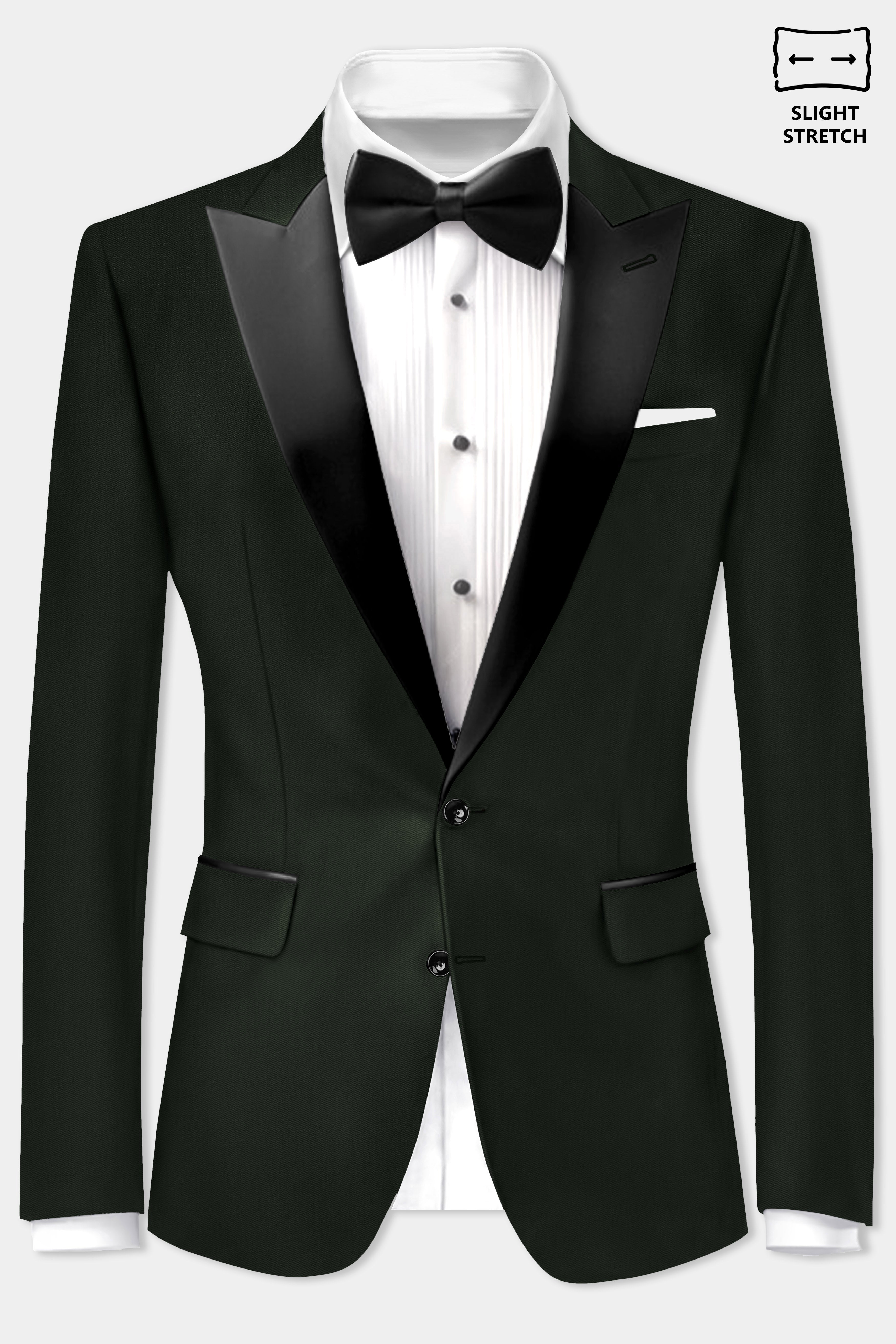 Verdant Majesty-Juniper Green Solid Wool Rich Peak Lapel Tuxedo Slight Stretch Blazer