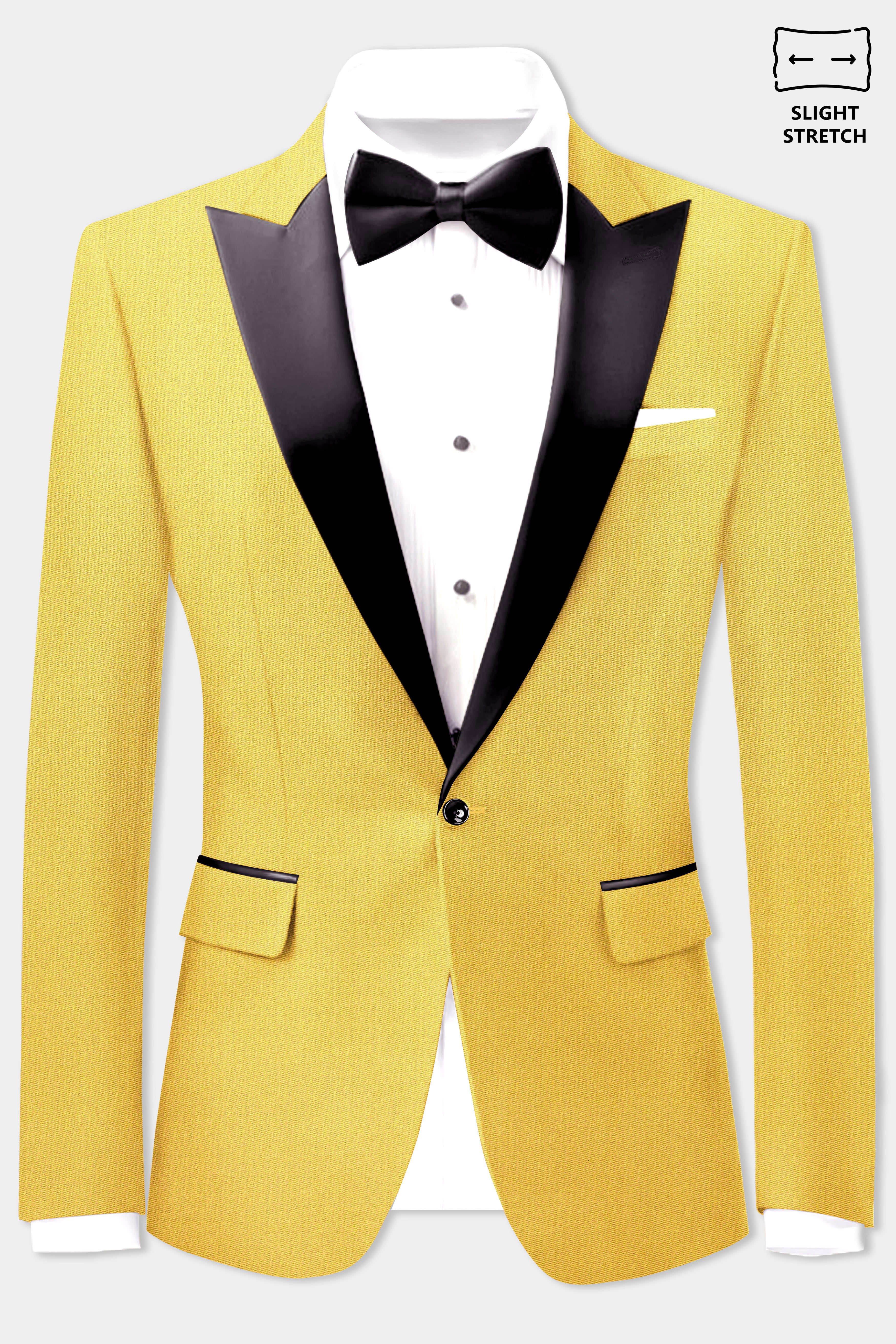 Saffron Elegance-Lemon Yellow Solid Wool Rich Peak Lapel Tuxedo Slight Stretch Blazer