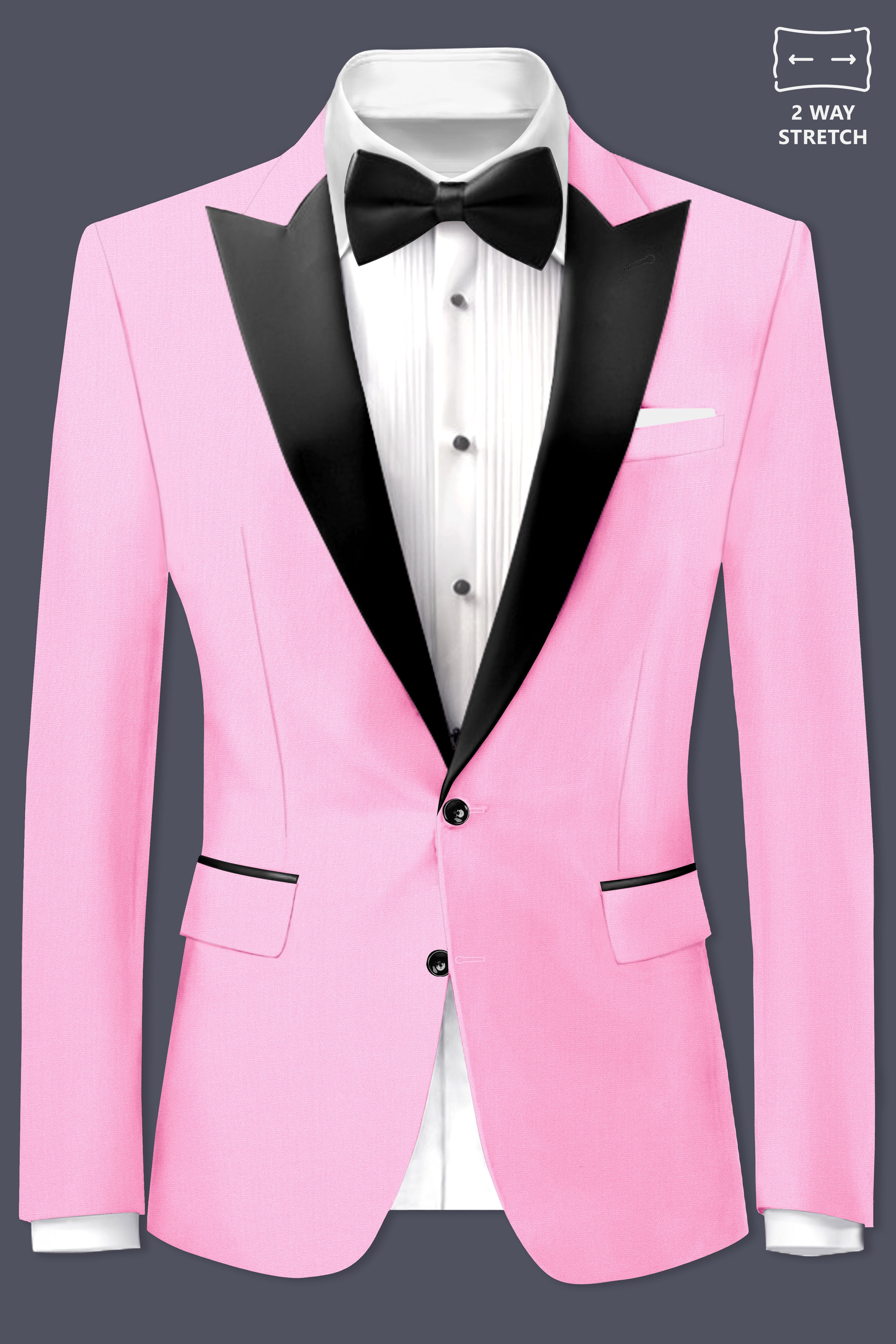 Rosé Reverie-Pestel Pink Solid Wool Rich Peak Lapel Tuxedo Stretchable traveler Blazer