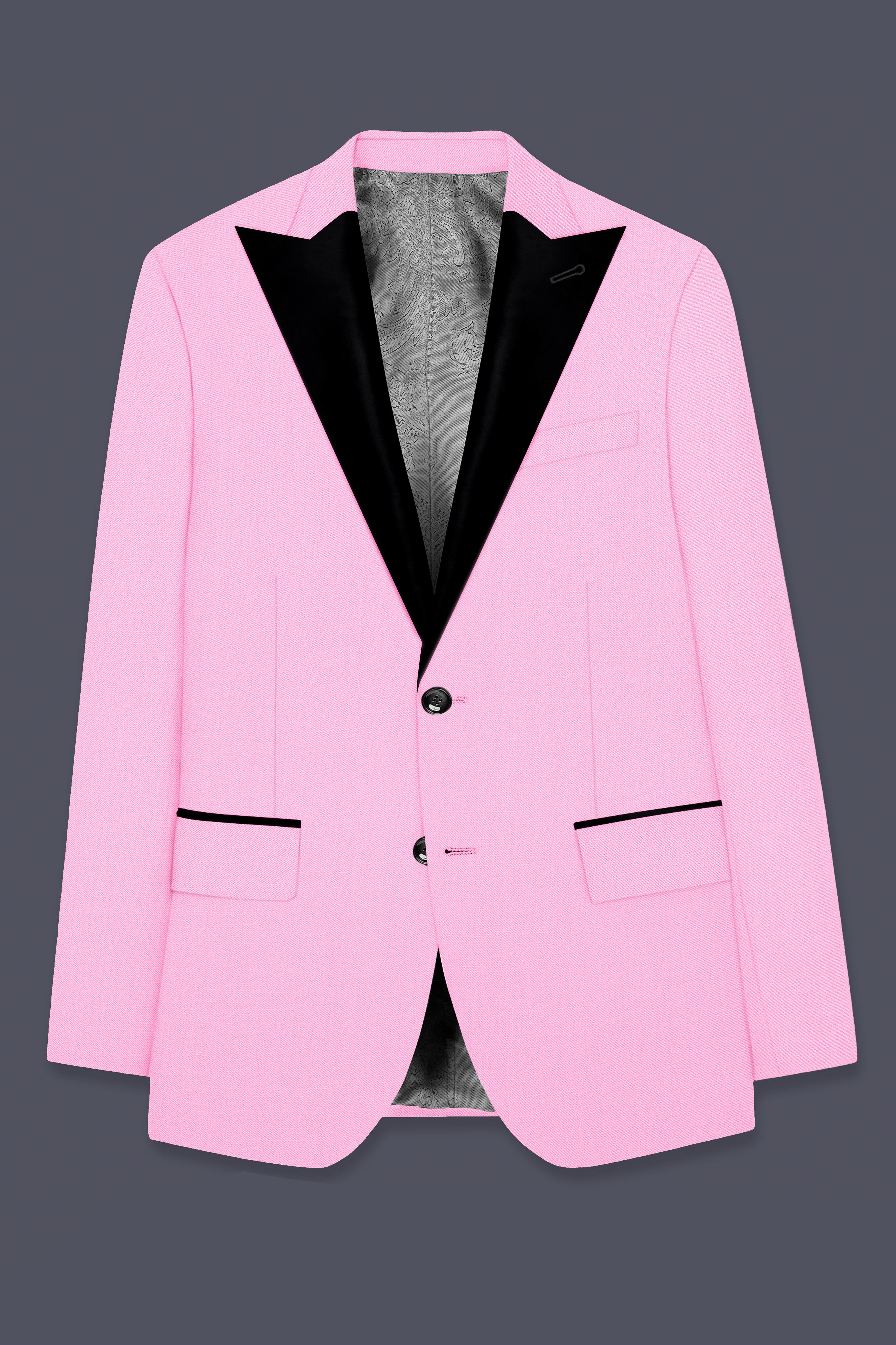 Rosé Reverie-Pestel Pink Solid Wool Rich Peak Lapel Tuxedo Slight Stretch Blazer