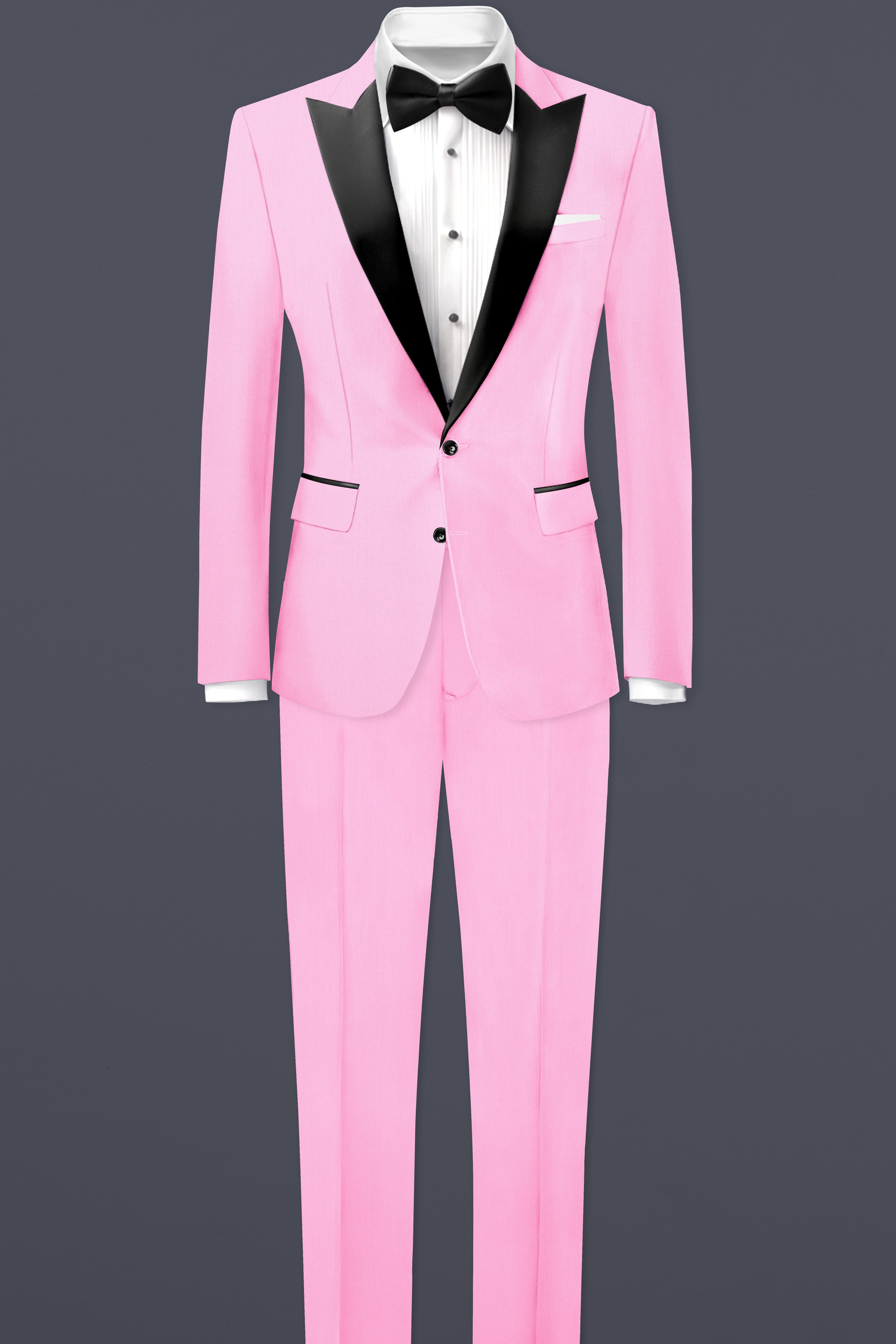 Rosé Reverie-Pestel Pink Solid Wool Rich Peak Lapel Tuxedo Slight Stretch Blazer