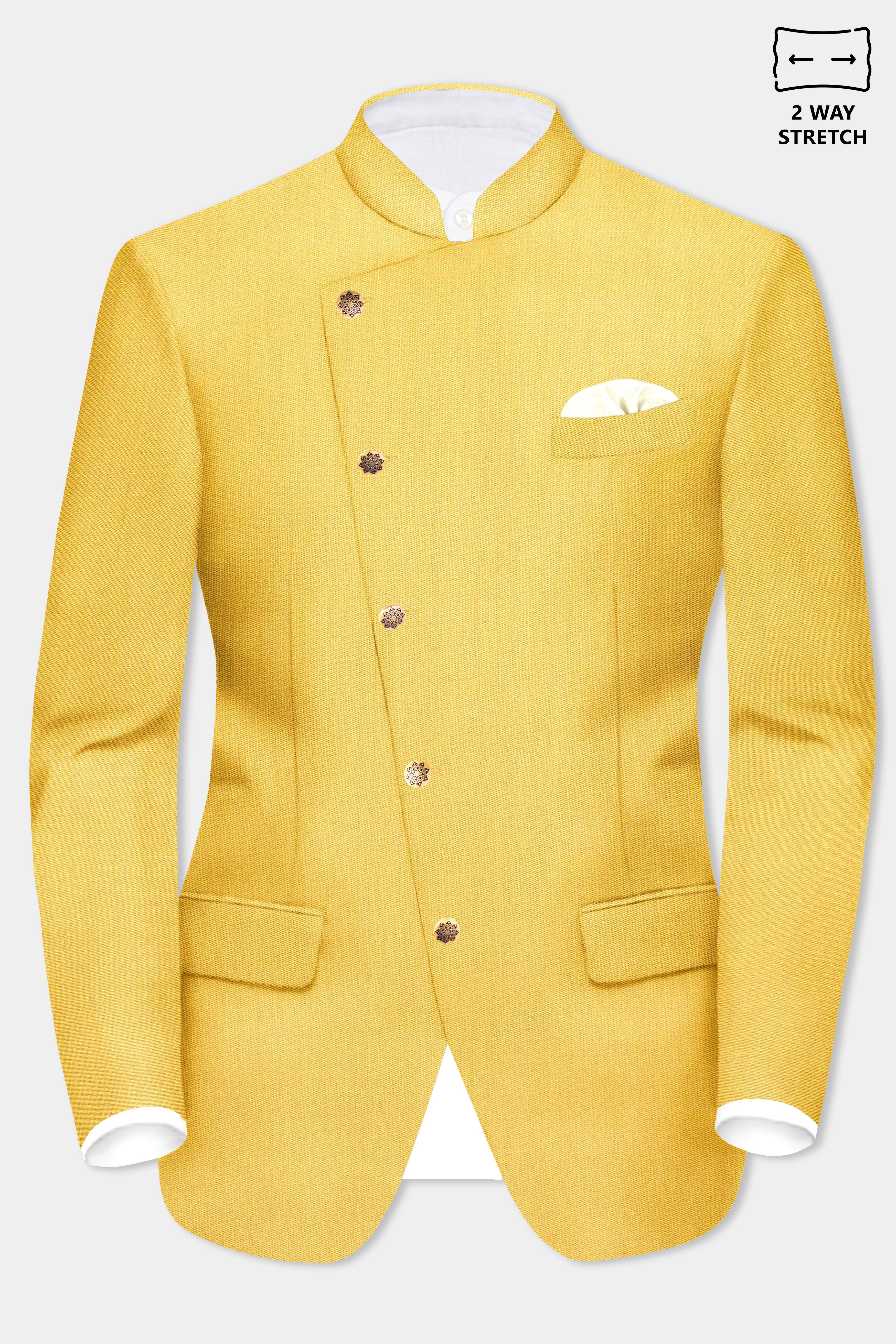 Saffron Elegance-Lemon Yellow Solid Wool Rich Cross Placket Bandhgala Stretchable traveler Blazer