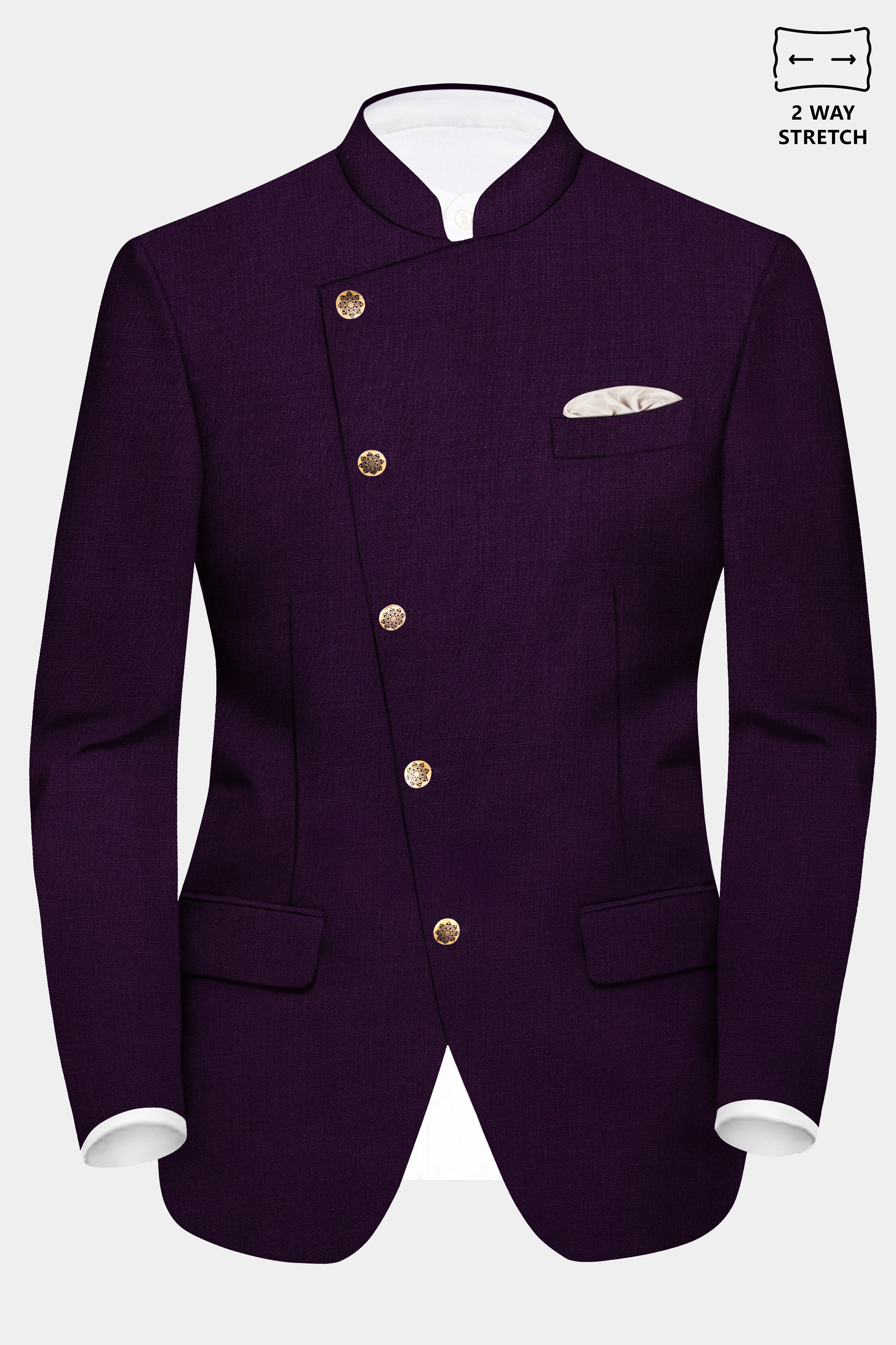 Regal Plum-Eggplant Purple Solid Wool Rich Cross Placket Bandhgala Stretchable traveler Blazer