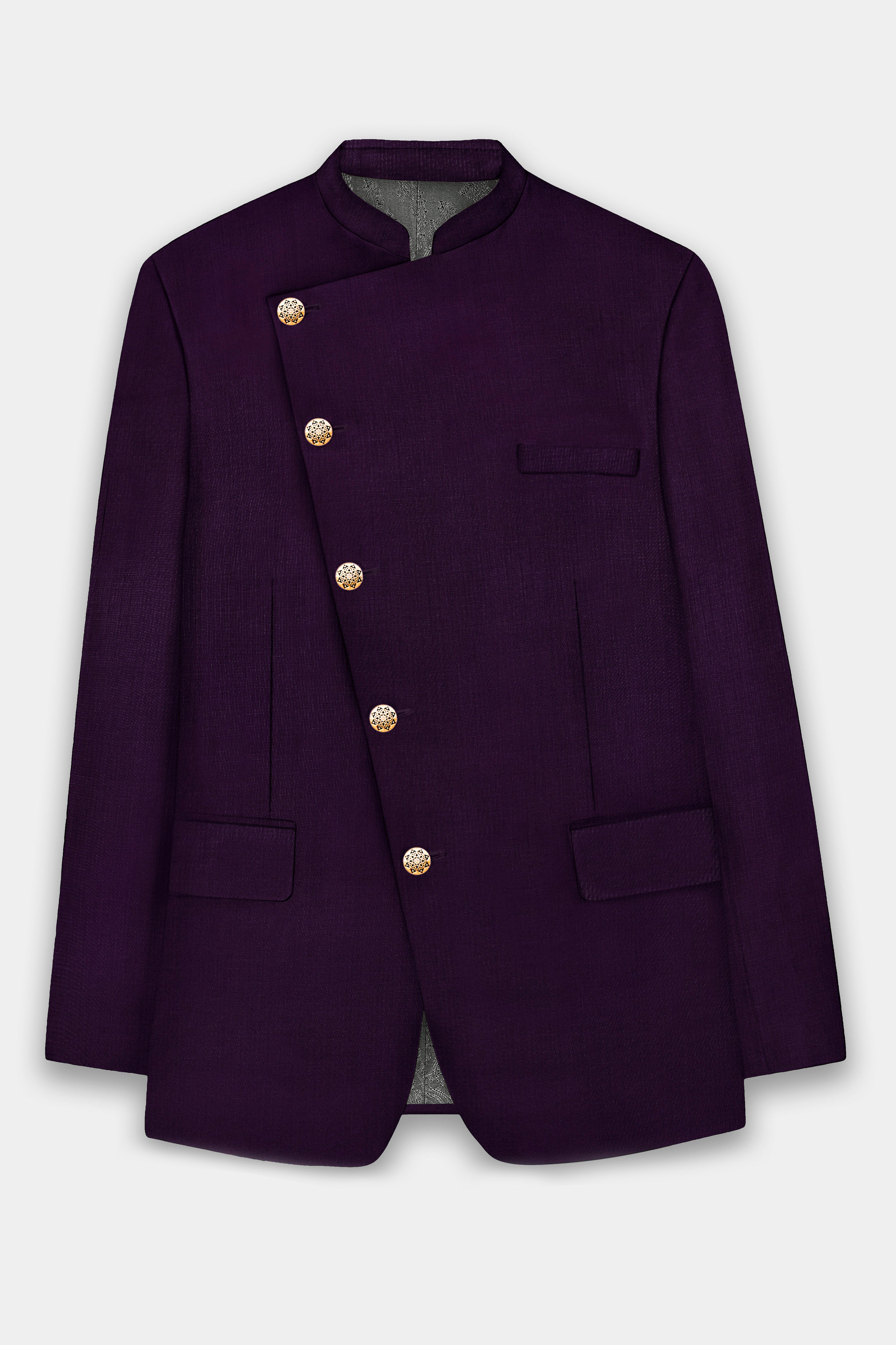Regal Plum-Eggplant Purple Solid Wool Rich Cross Placket Bandhgala Slight Stretch Blazer