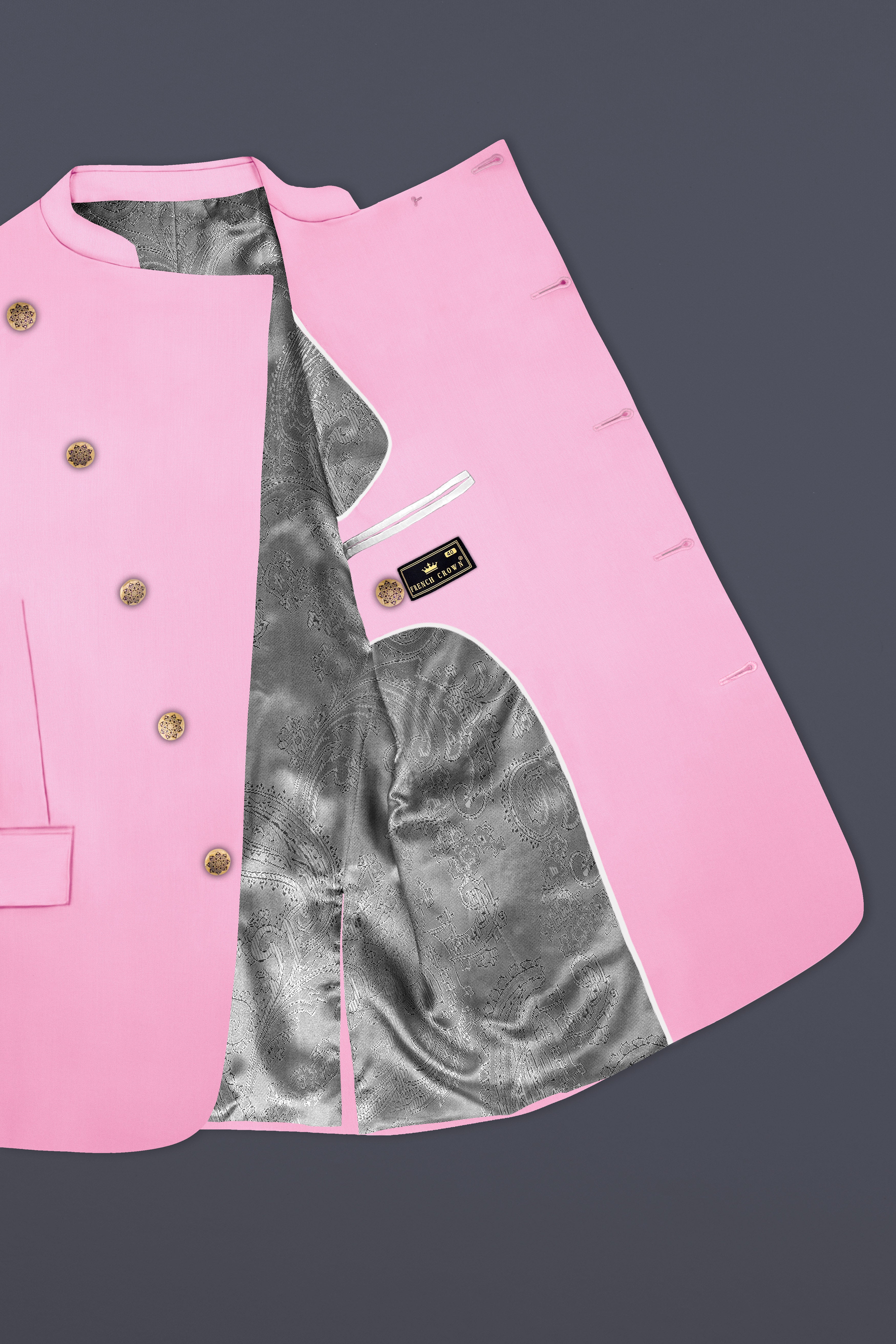 Rosé Reverie-Pestel Pink Solid Wool Rich Cross Placket Bandhgala Slight Stretch Blazer