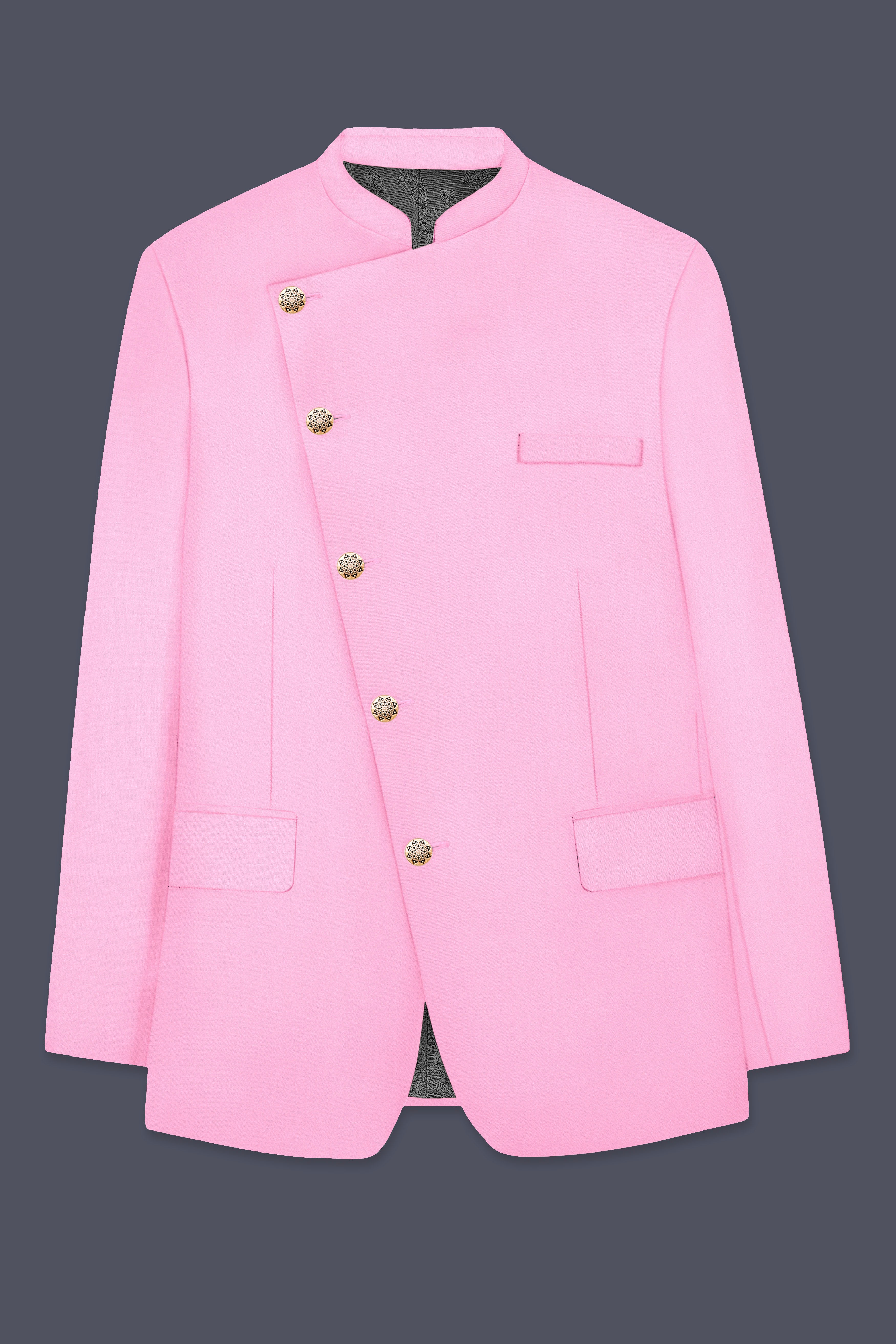 Rosé Reverie-Pestel Pink Solid Wool Rich Cross Placket Bandhgala Slight Stretch Blazer