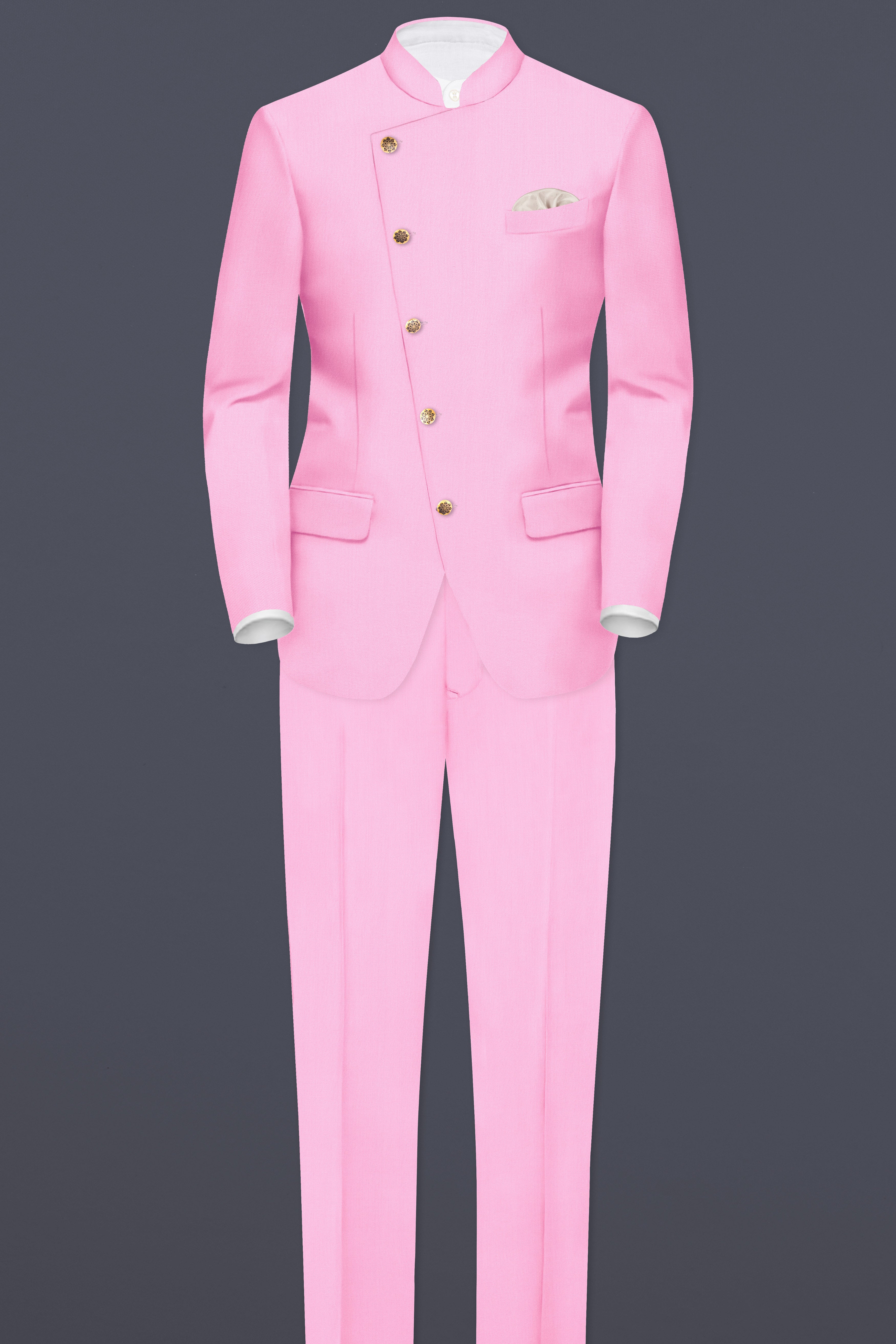 Rosé Reverie-Pestel Pink Solid Wool Rich Cross Placket Bandhgala Slight Stretch Blazer