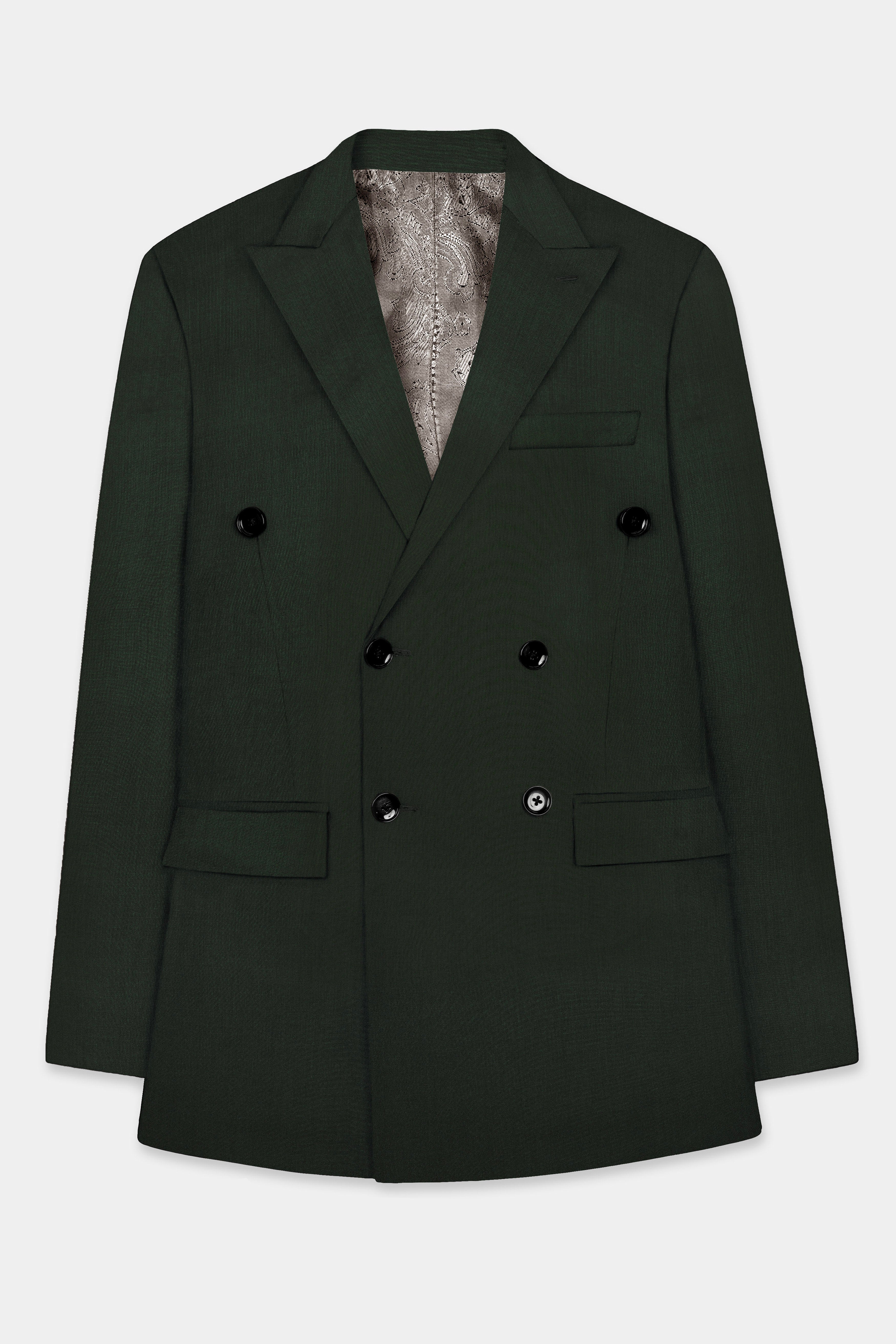 Verdant Majesty-Juniper Green Solid Wool Rich Double Breasted Slight Stretch Blazer