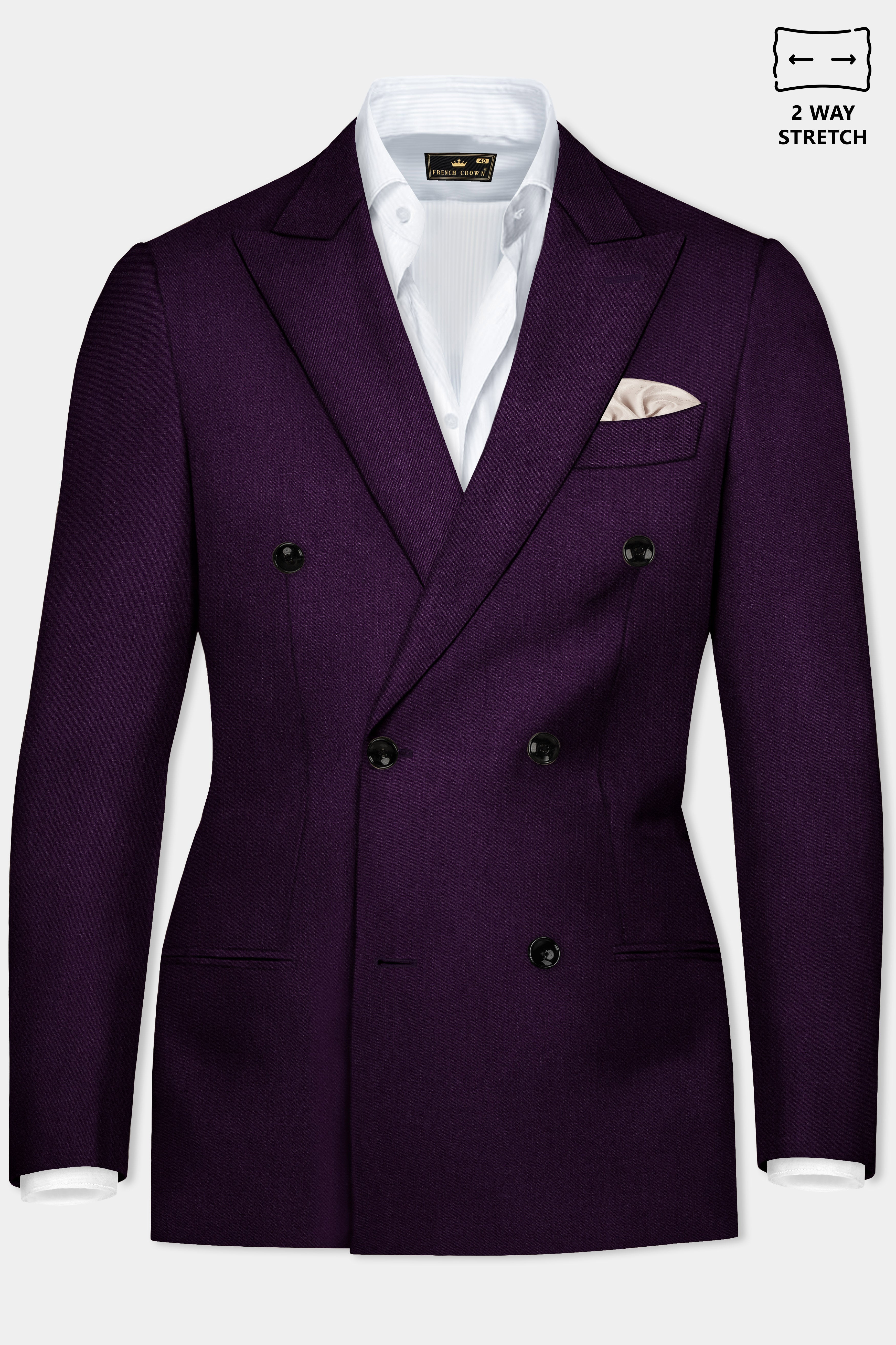 Regal Plum-Eggplant Purple Solid Wool Rich Double Breasted Stretchable traveler Blazer