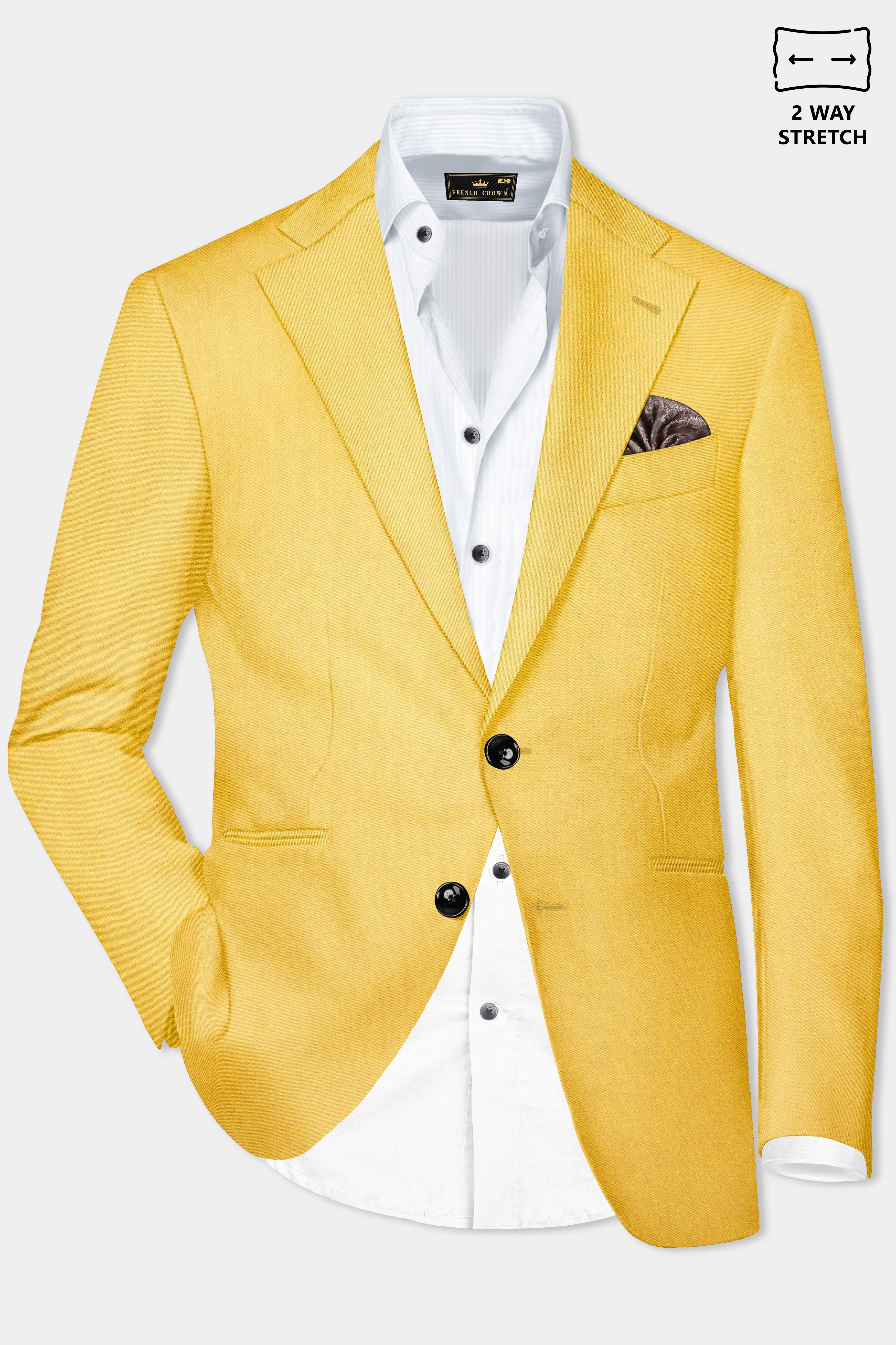 Saffron Elegance-Lemon Yellow Solid Wool Rich Single Breasted Stretchable traveler Blazer