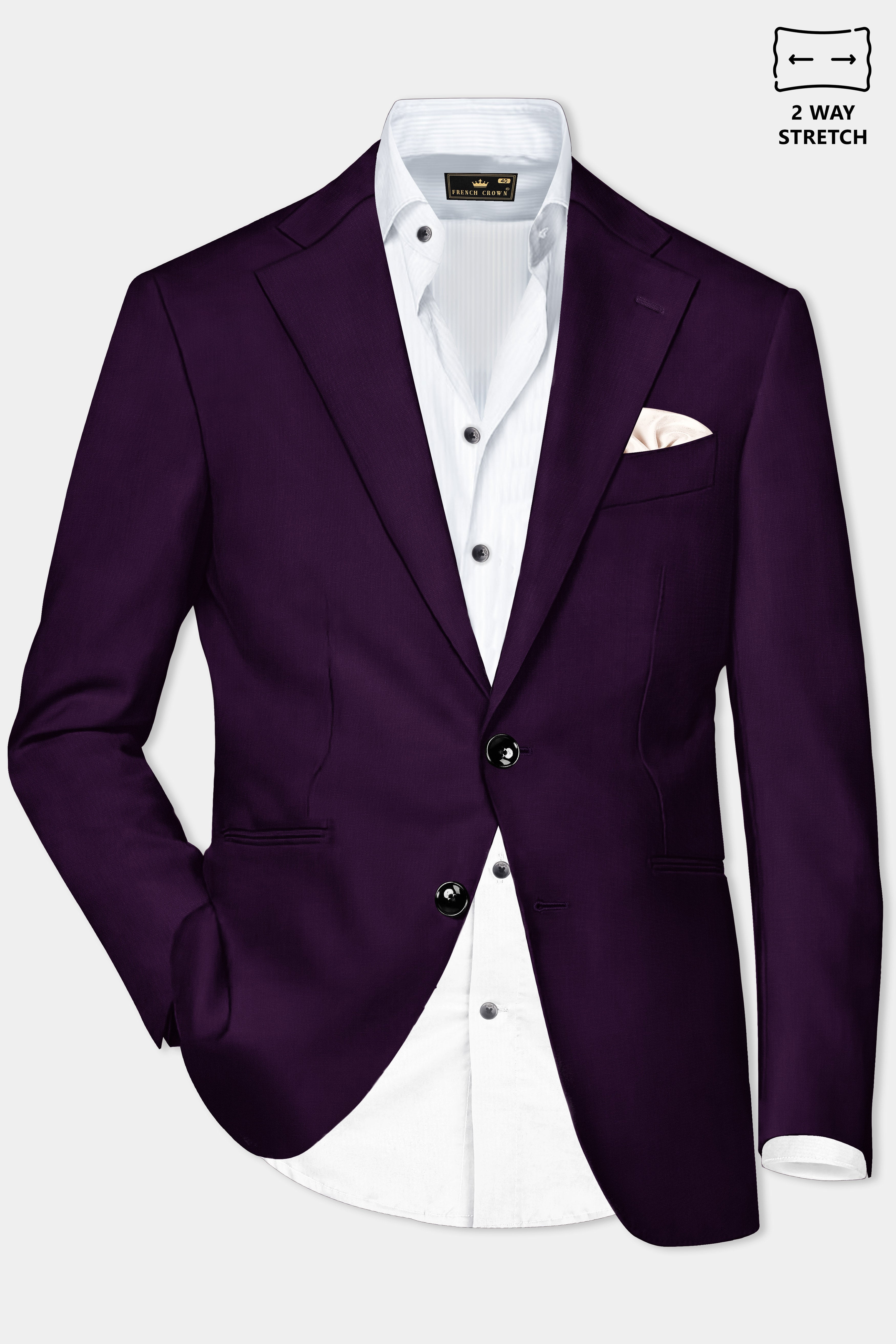 Regal Plum-Eggplant Purple Solid Wool Rich Single Breasted Stretchable traveler Blazer