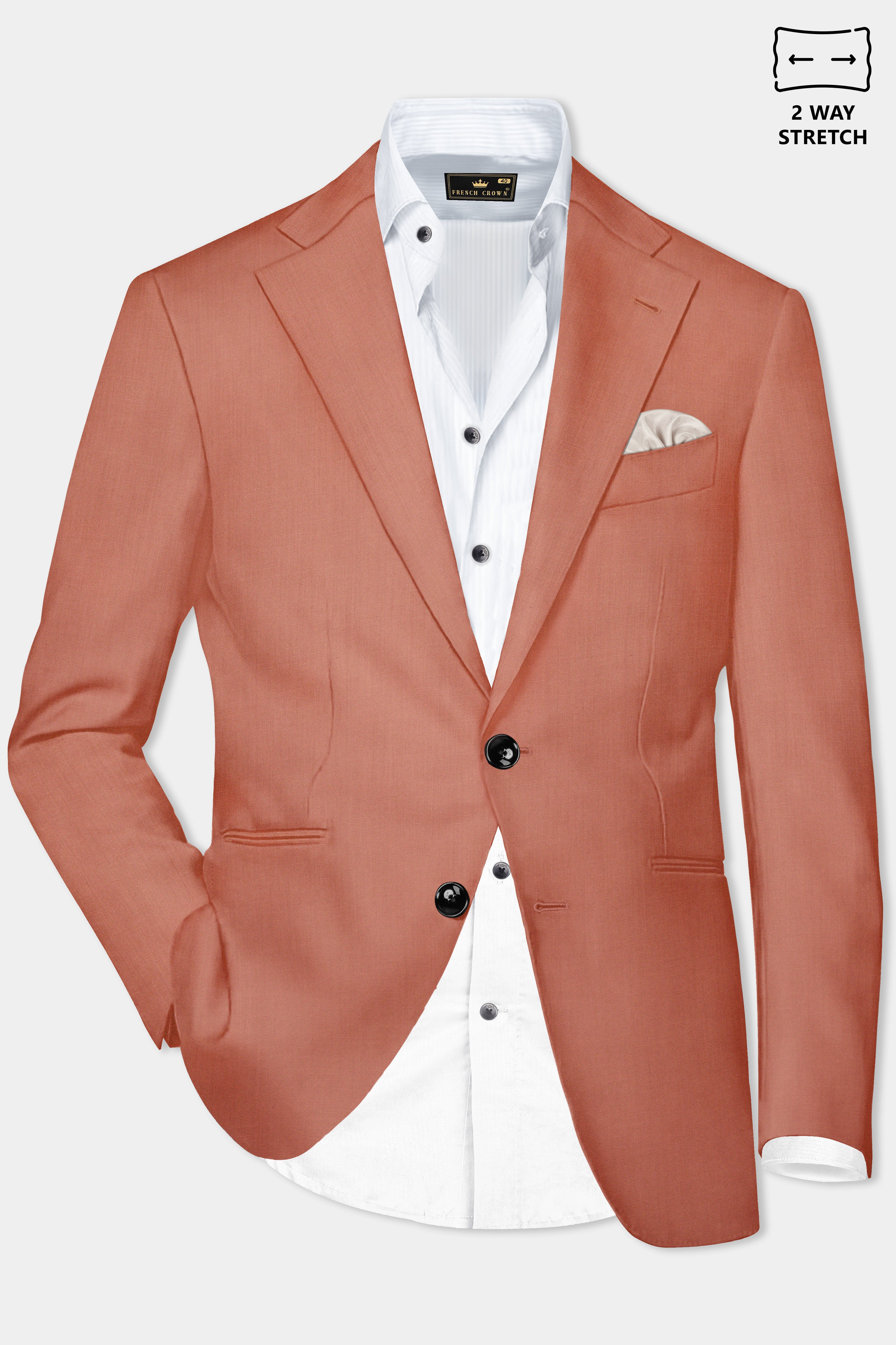 Spiced Sunset-Salmon Orange Solid Wool Rich Single Breasted Stretchable traveler Blazer