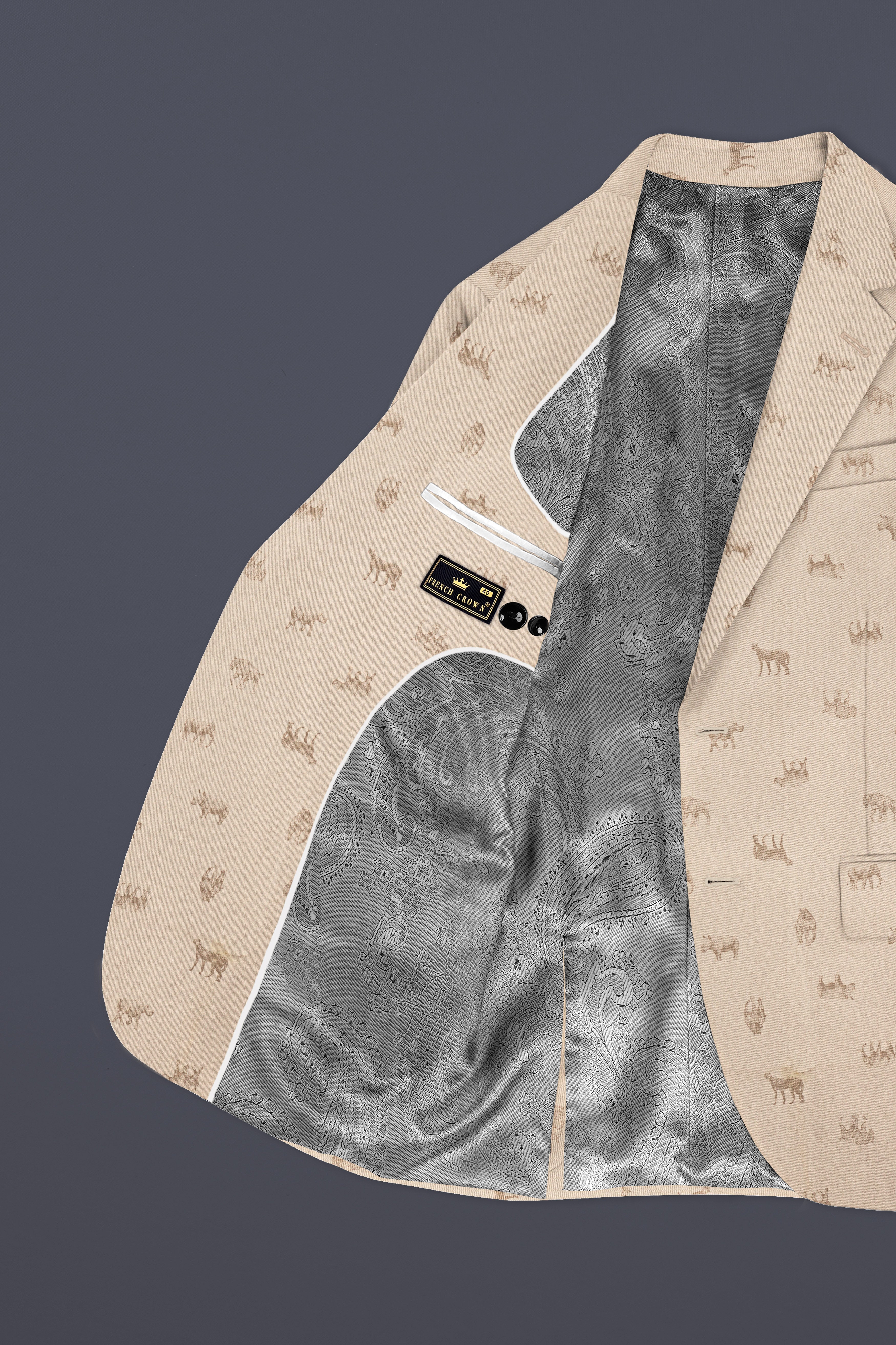 Ivory Wild-Vanilla Cream Animal Printed Cotton Single Breasted Blazer