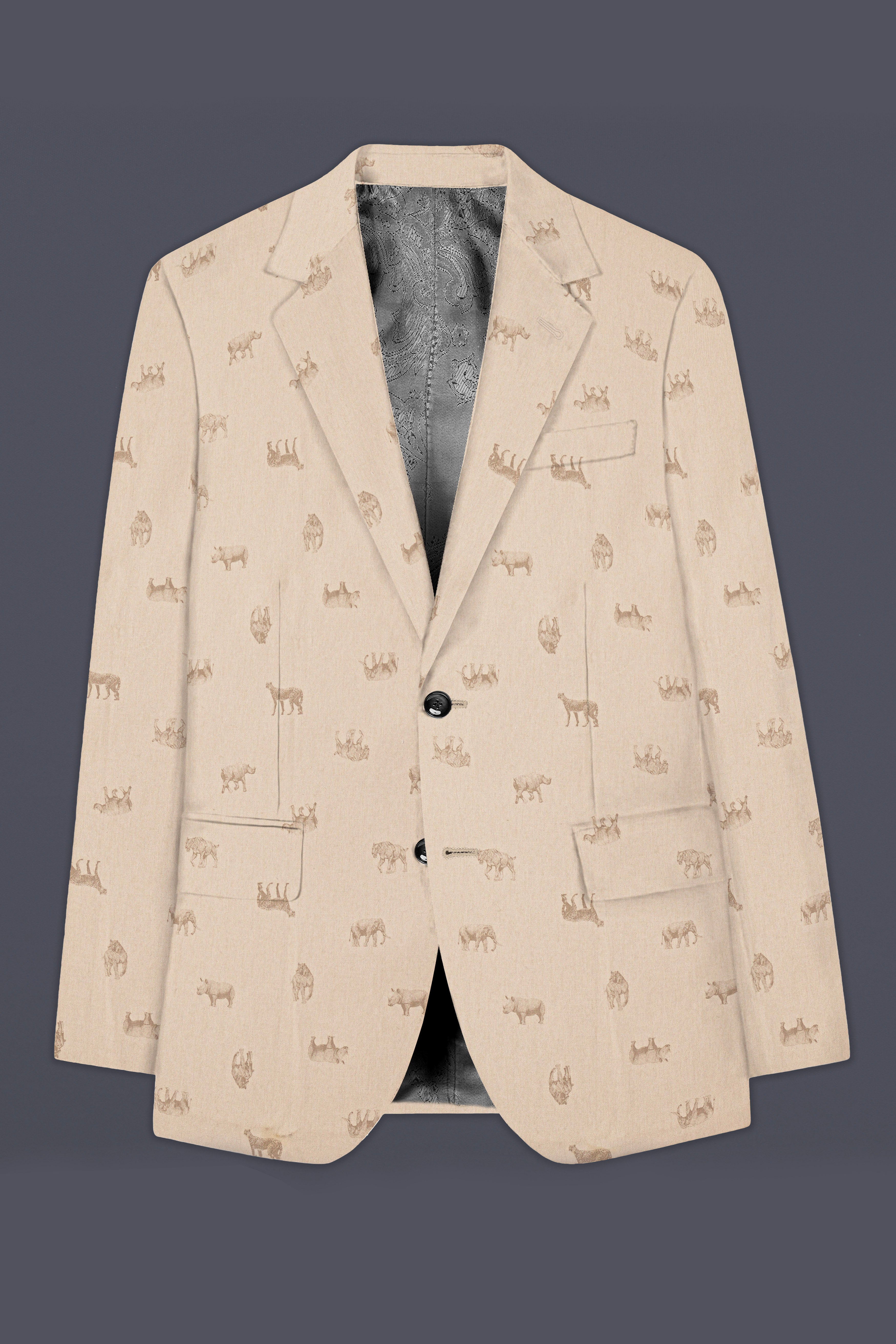 Ivory Wild-Vanilla Cream Animal Printed Cotton Single Breasted Blazer
