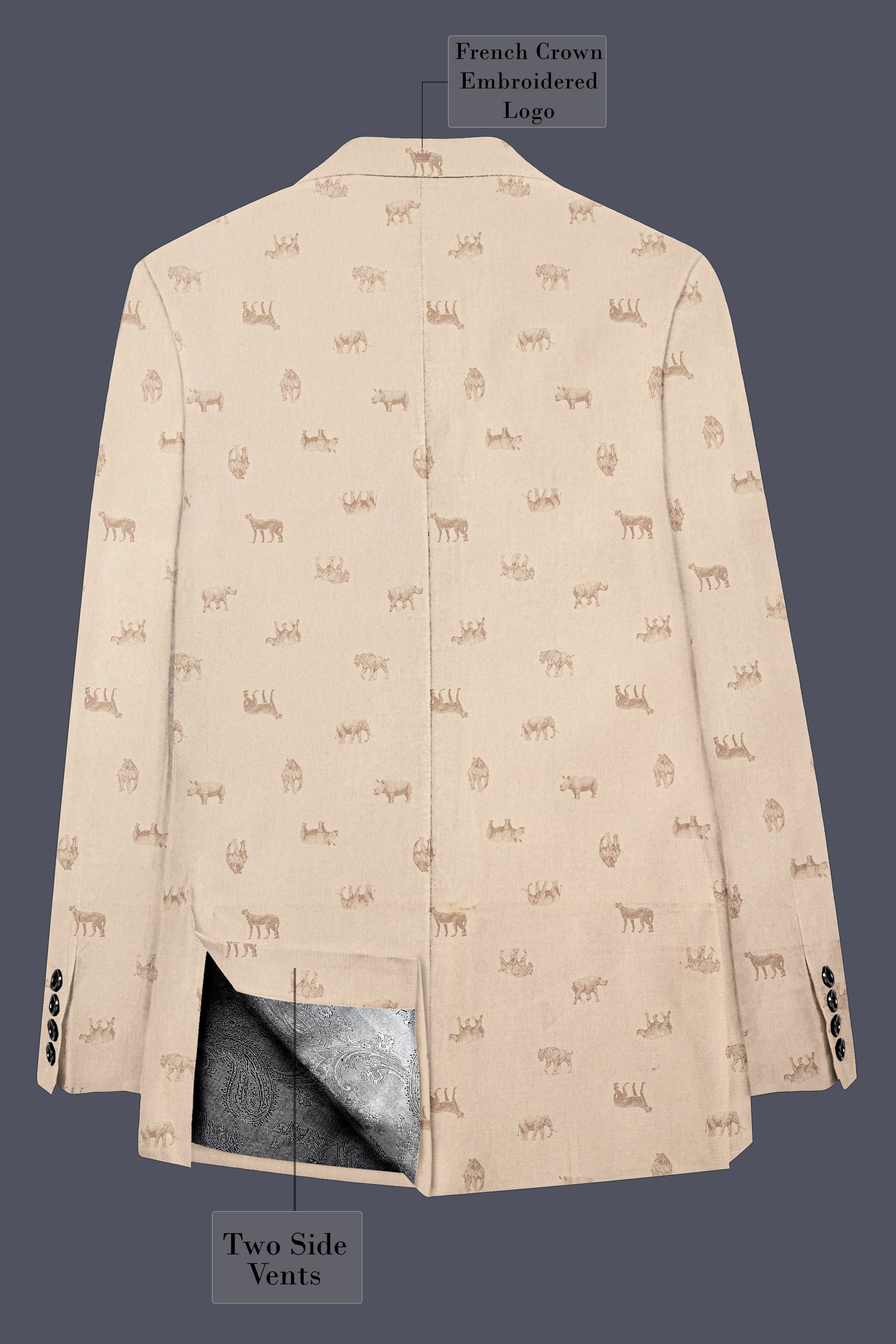 Ivory Wild-Vanilla Cream Animal Printed Cotton Single Breasted Blazer