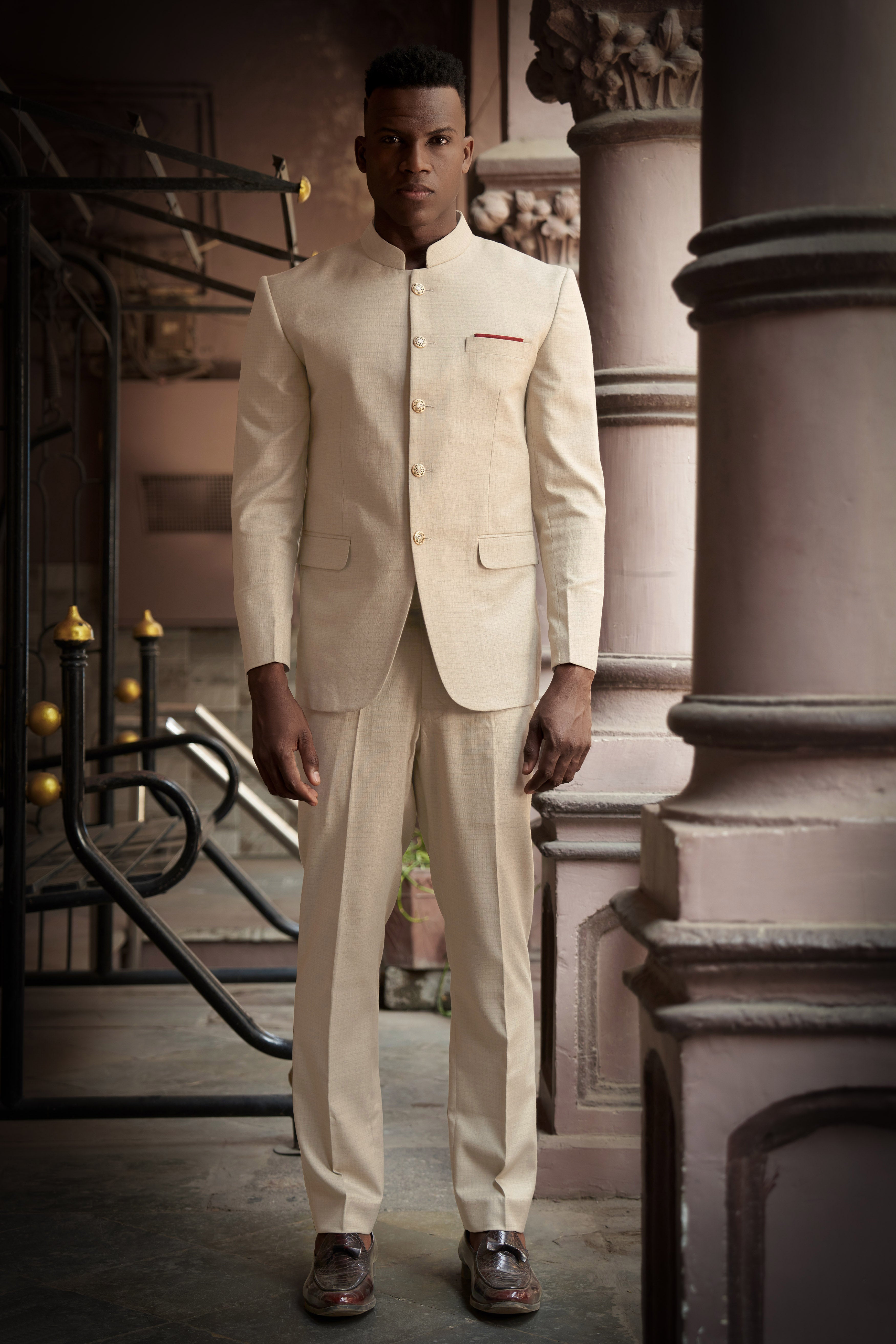 Almond-Pavlova Cream Plaid Wool Rich Bandhgala Blazer