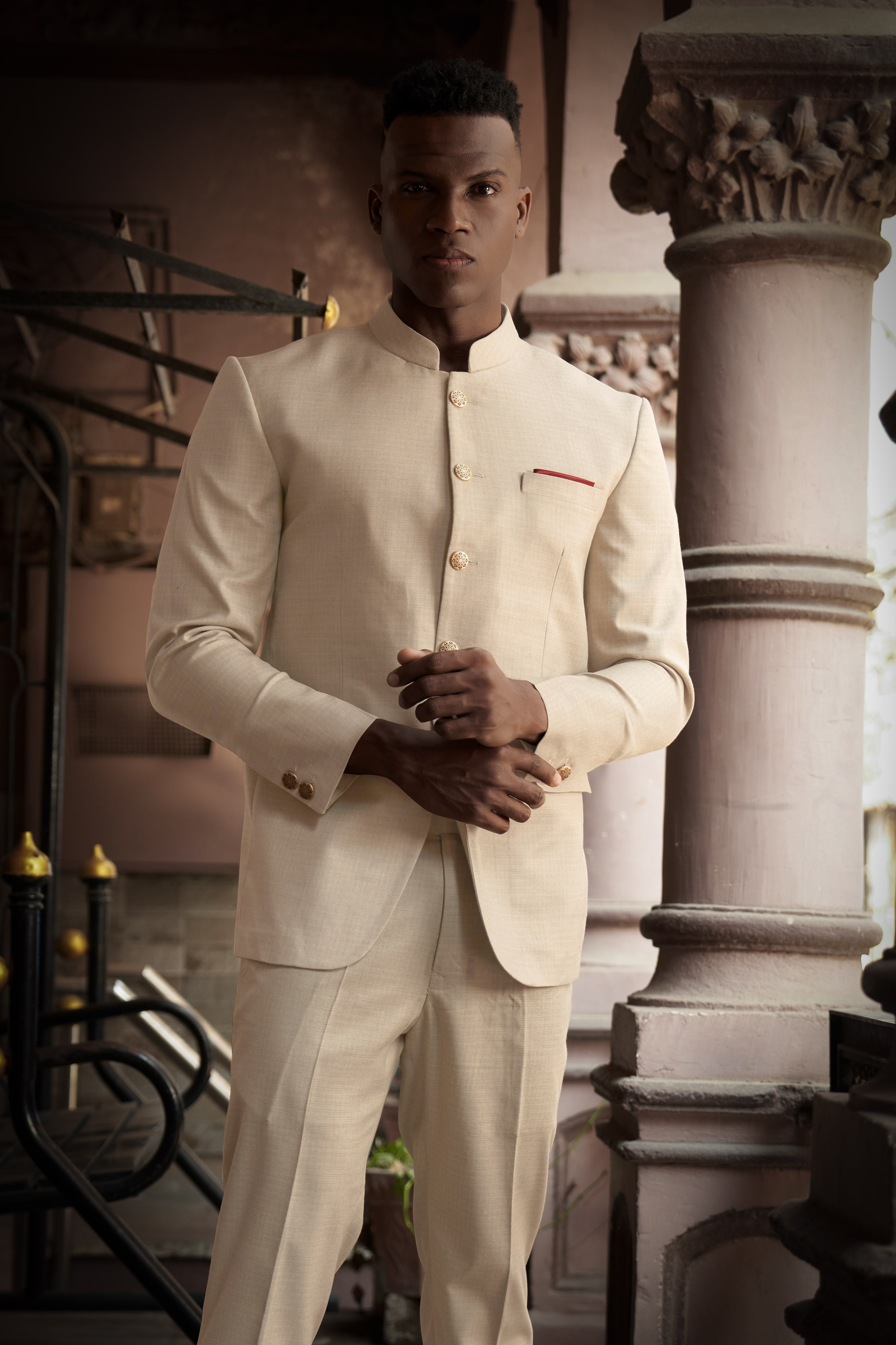 Almond-Pavlova Cream Plaid Wool Rich Bandhgala Blazer