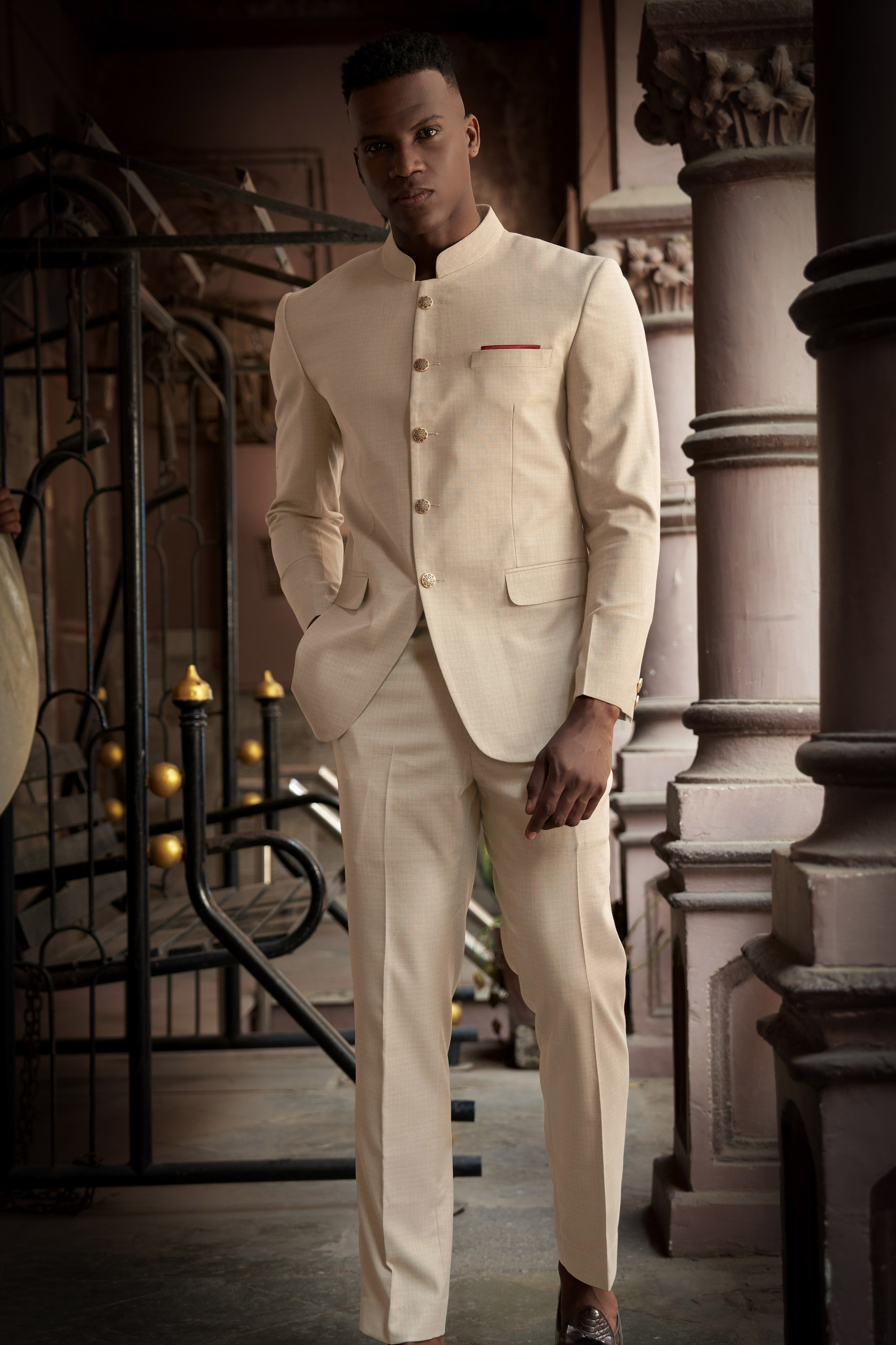 Almond-Pavlova Cream Plaid Wool Rich Bandhgala Blazer