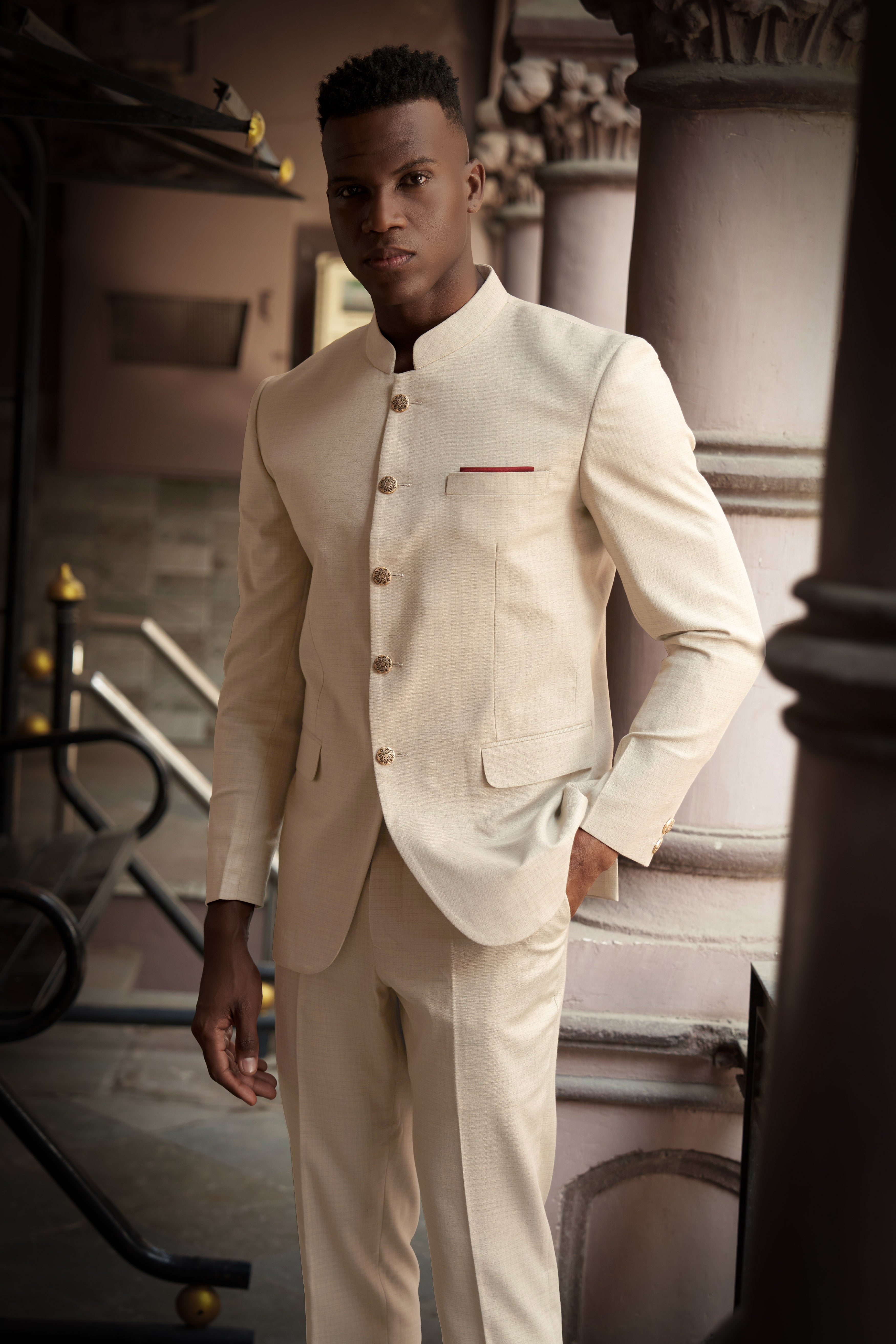 Almond-Pavlova Cream Plaid Wool Rich Bandhgala Blazer