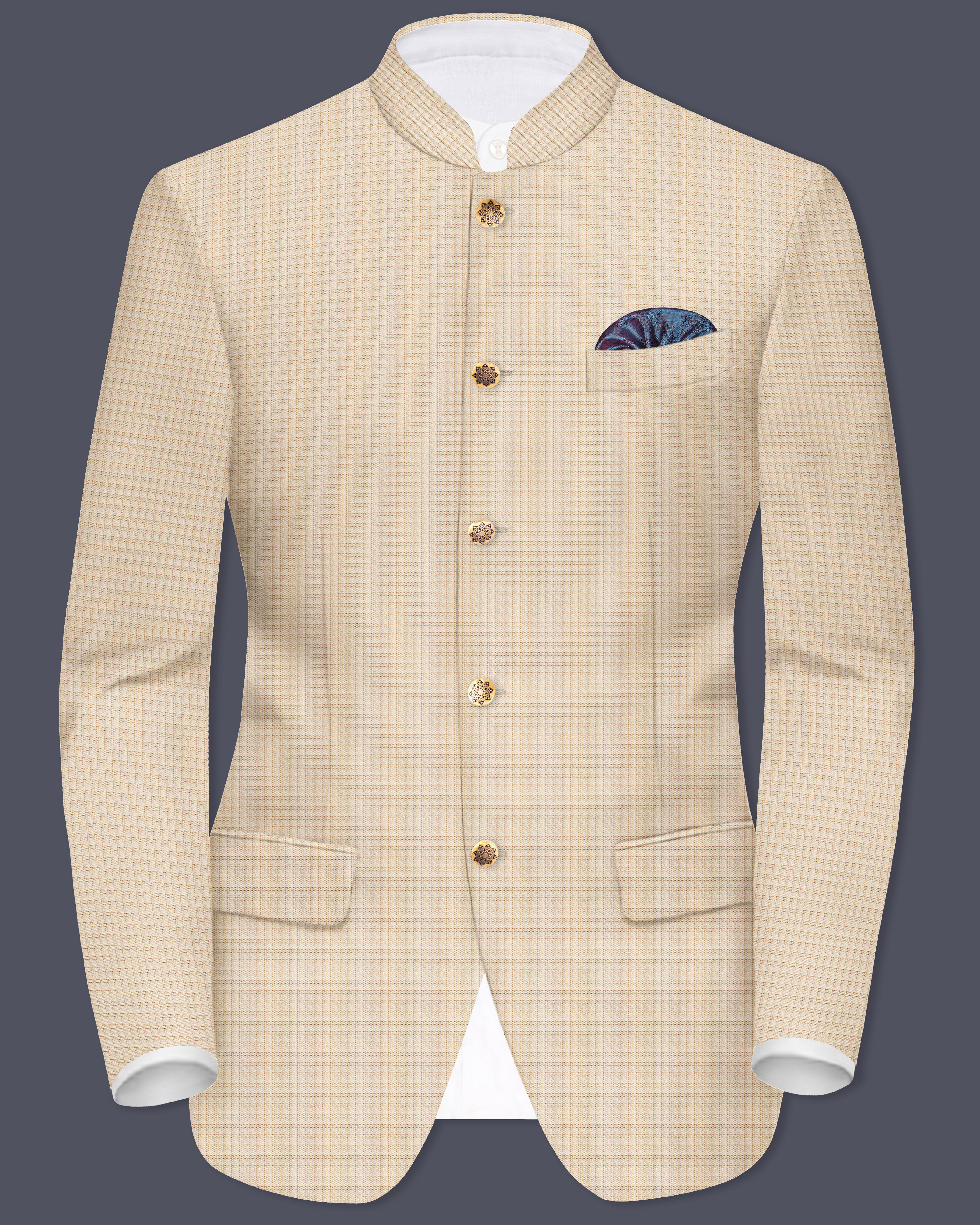 Almond-Pavlova Cream Plaid Wool Rich Bandhgala Blazer