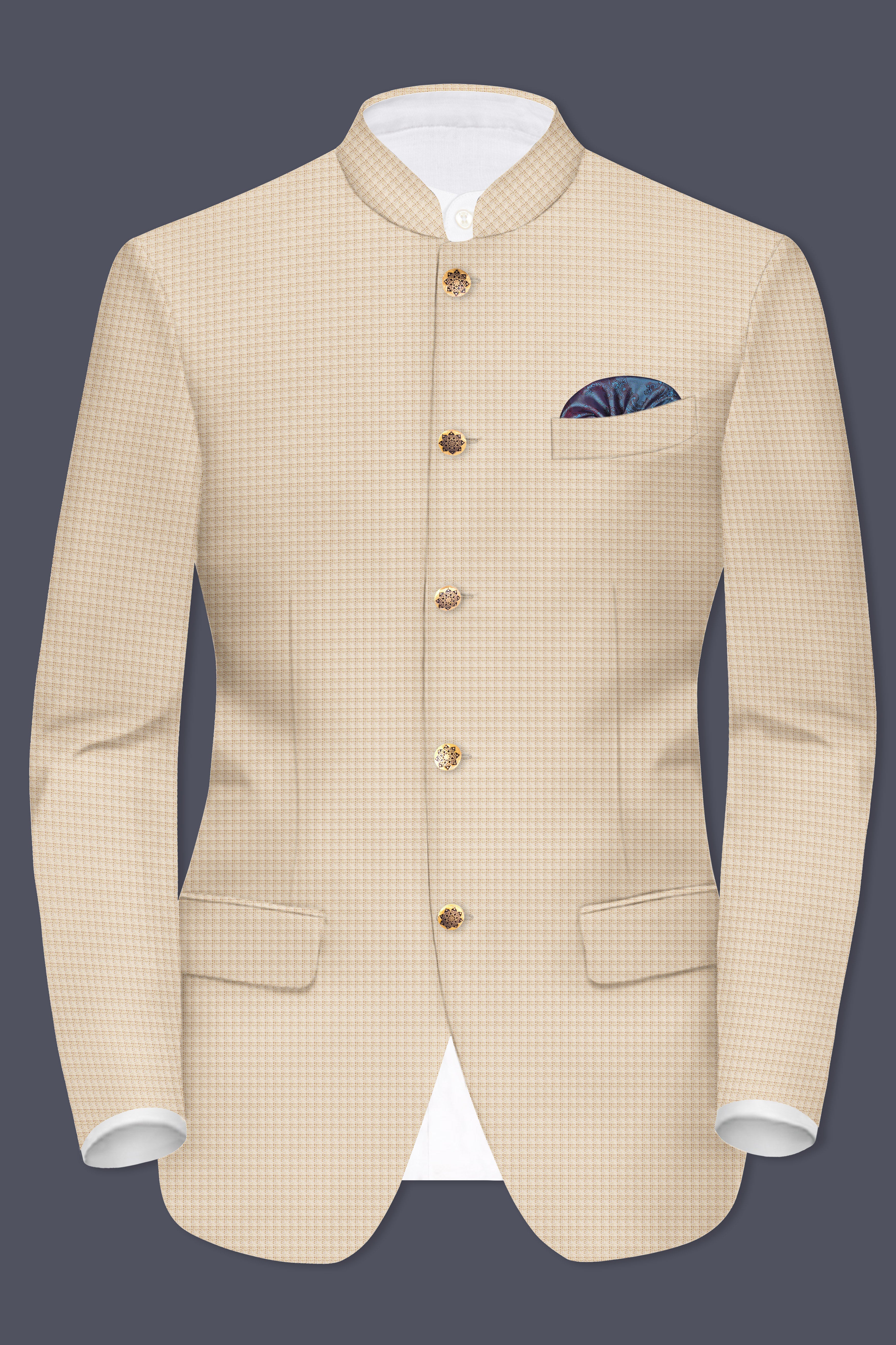 Almond-Pavlova Cream Plaid Wool Rich Bandhgala Blazer
