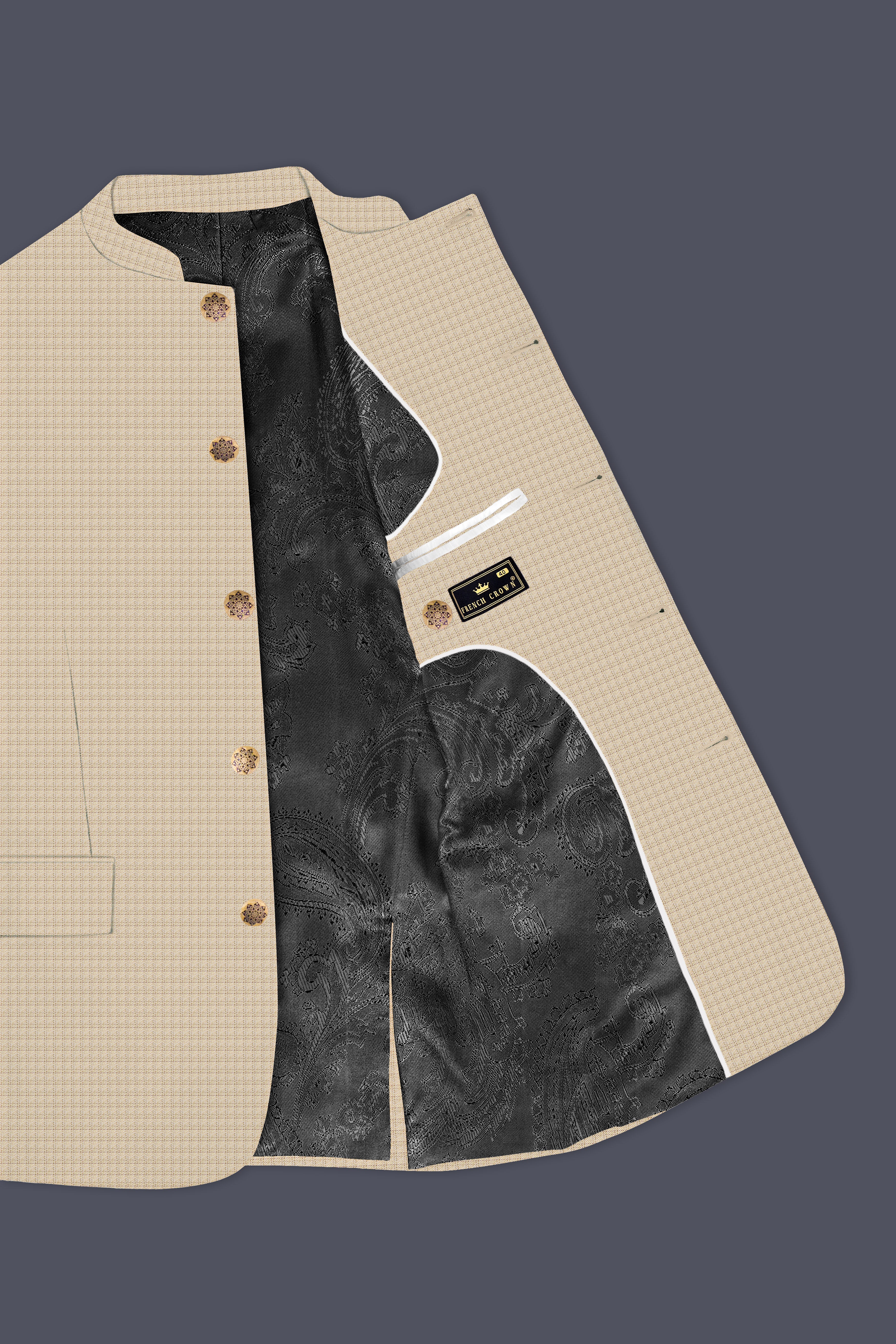 Almond-Pavlova Cream Plaid Wool Rich Bandhgala Blazer