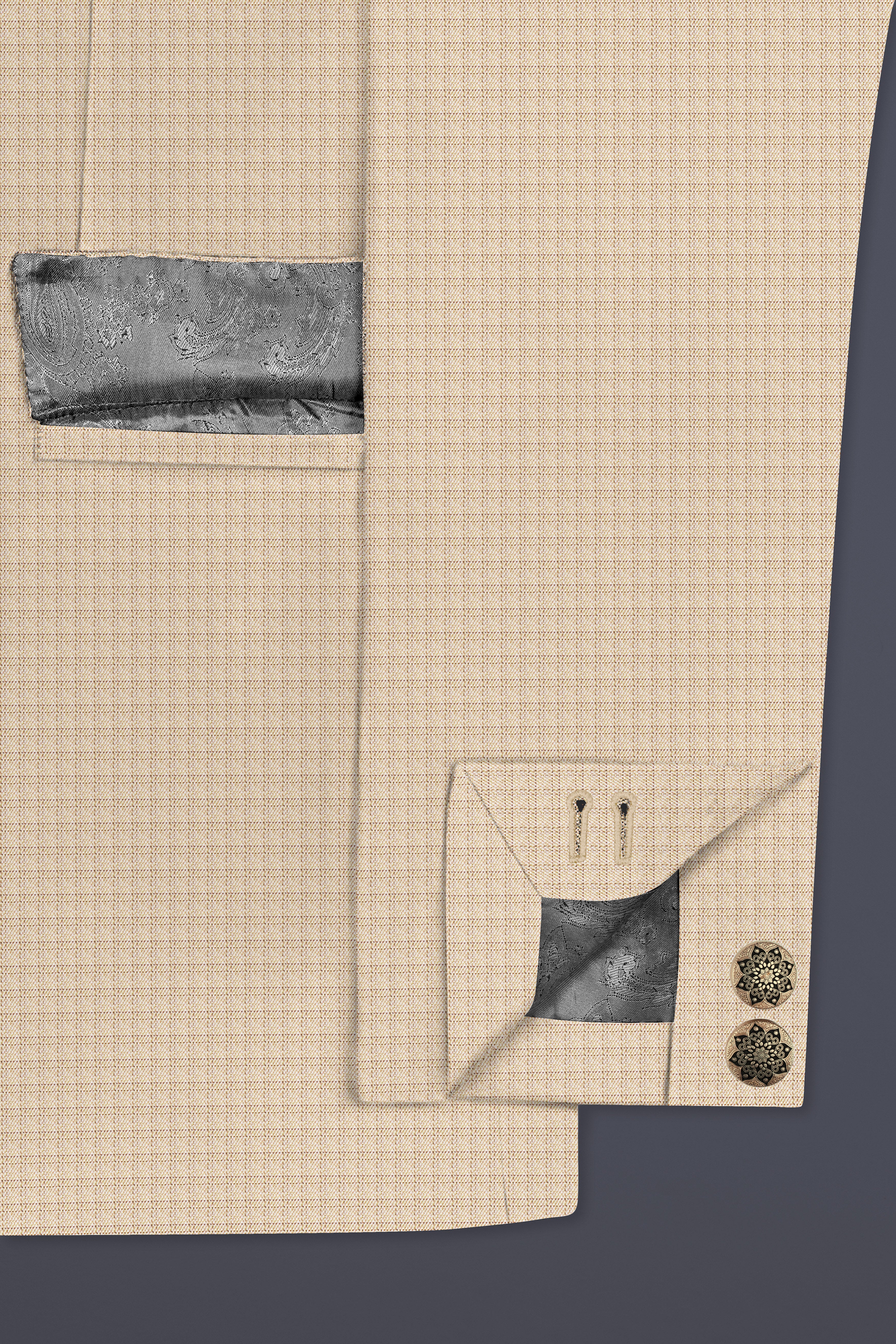 Almond-Pavlova Cream Plaid Wool Rich Bandhgala Blazer