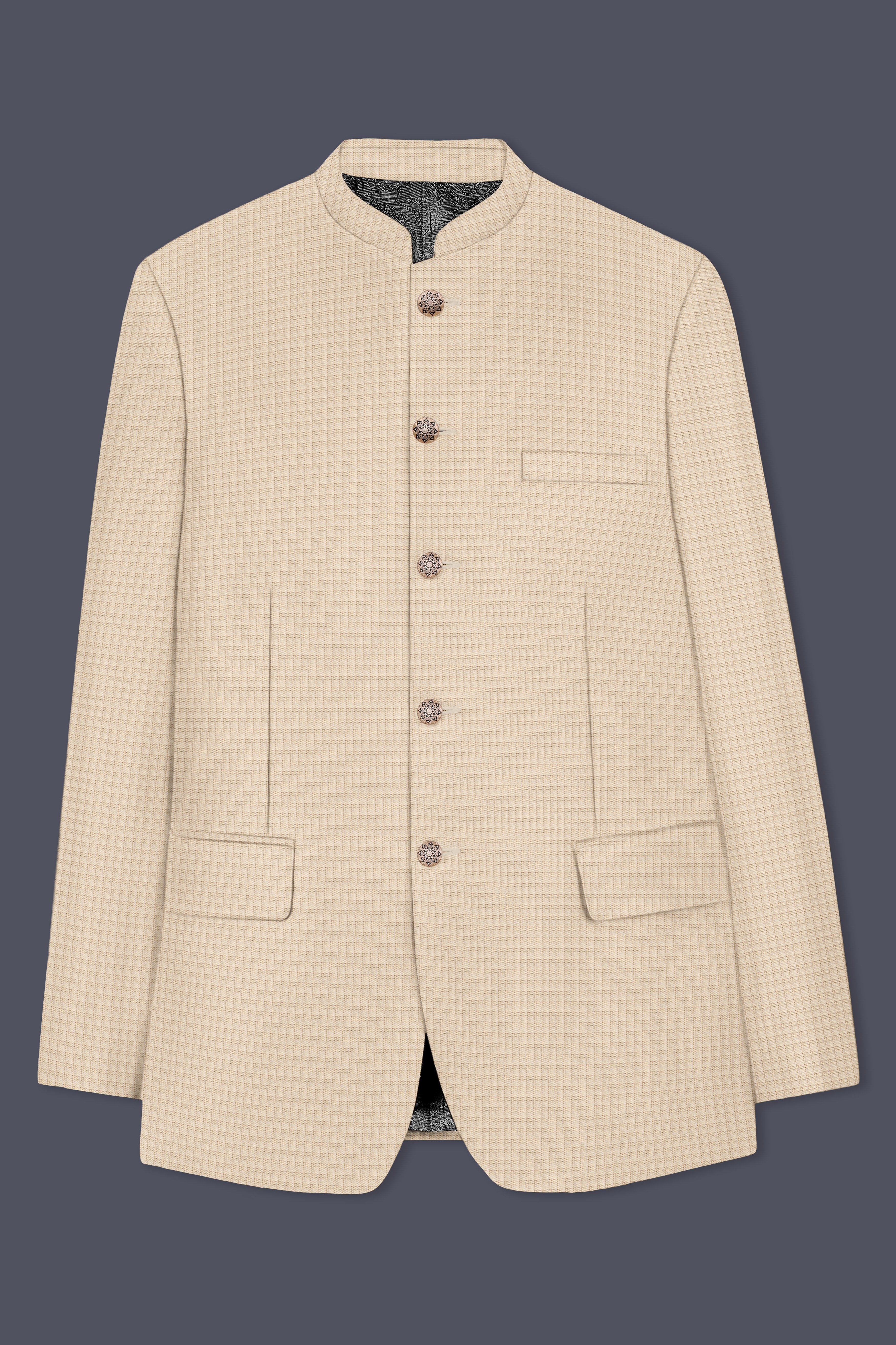 Almond-Pavlova Cream Plaid Wool Rich Bandhgala Blazer