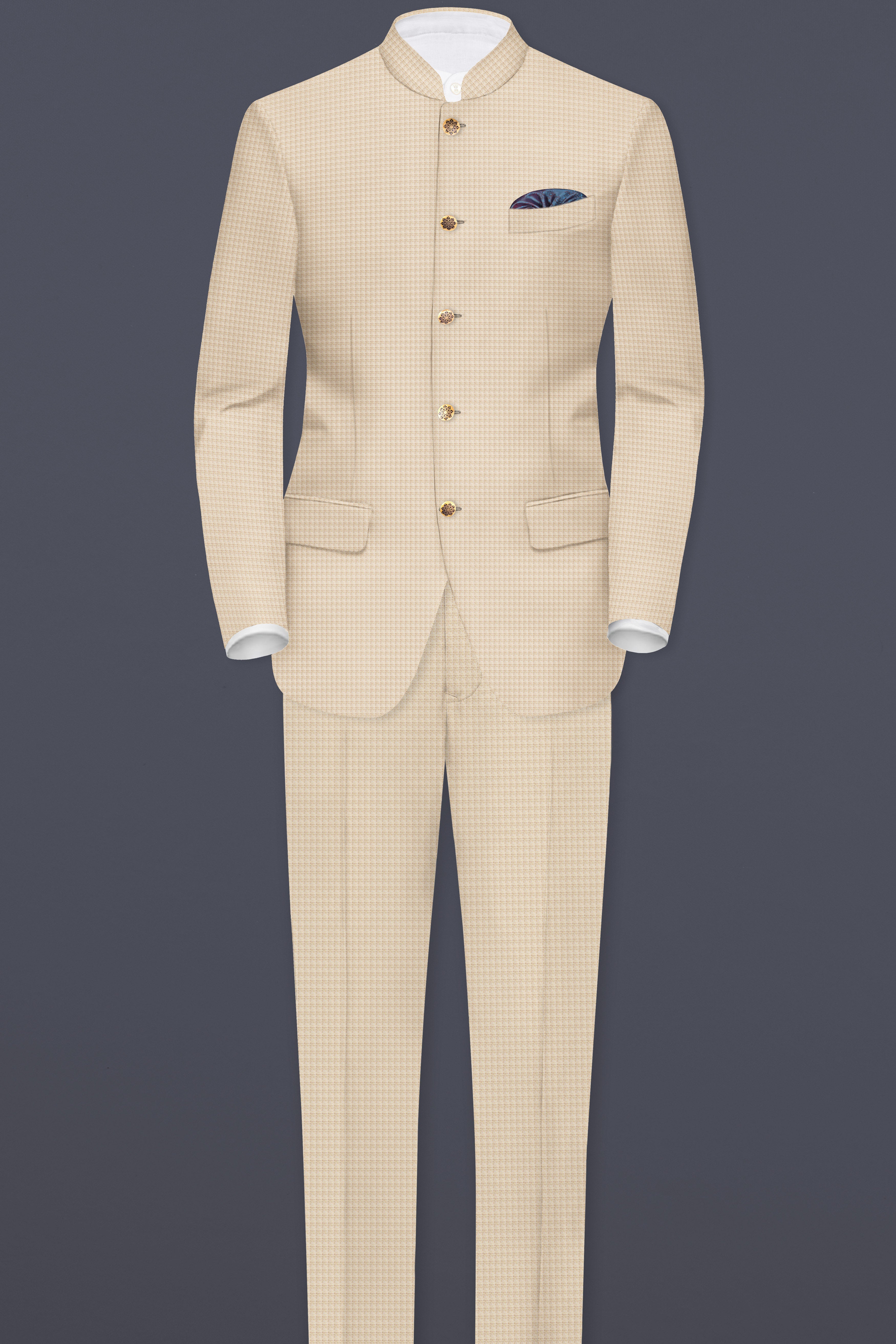 Almond-Pavlova Cream Plaid Wool Rich Bandhgala Blazer