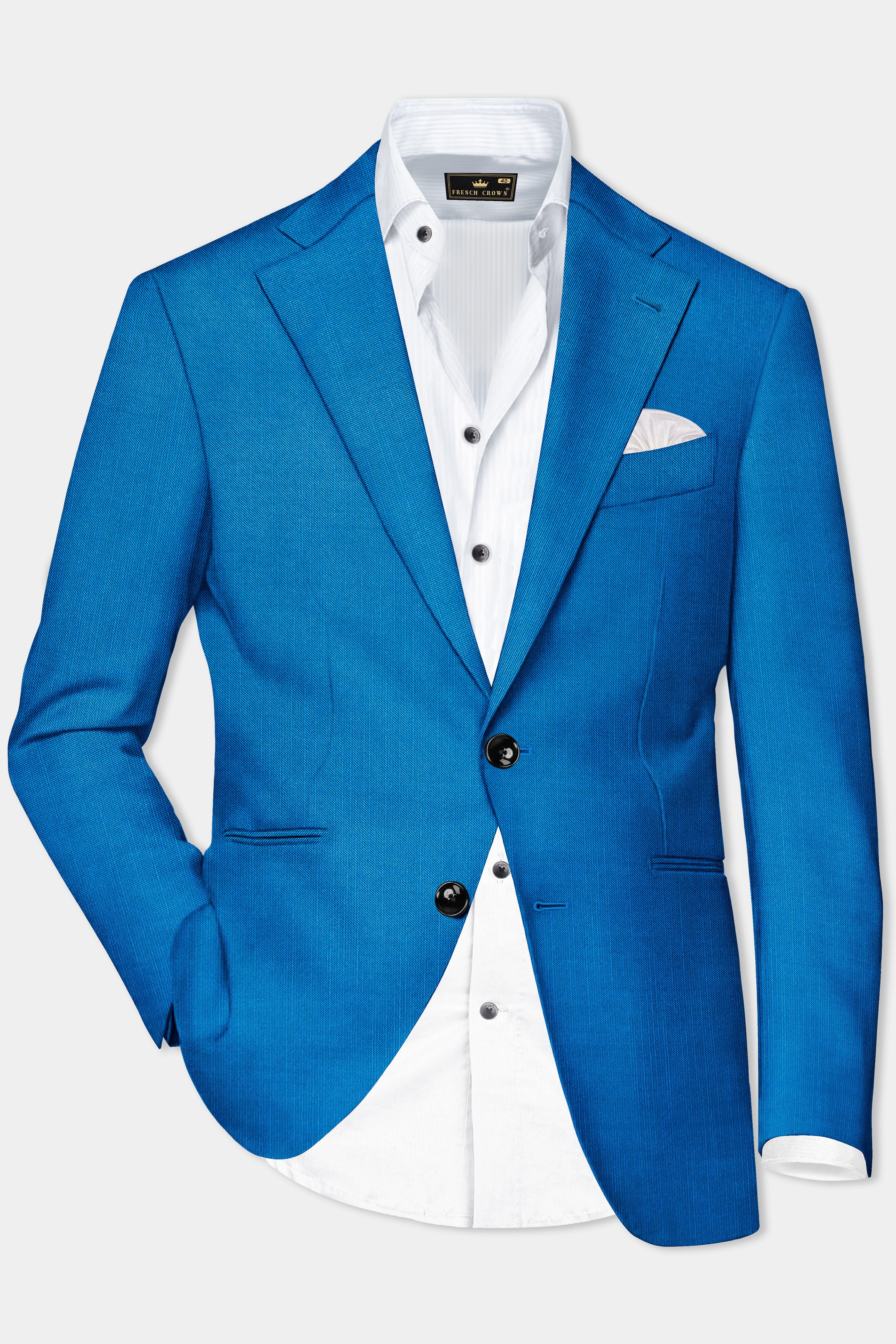 Azure-Venice Blue Solid Wool Rich Single Breasted Slight Stretch Blazer