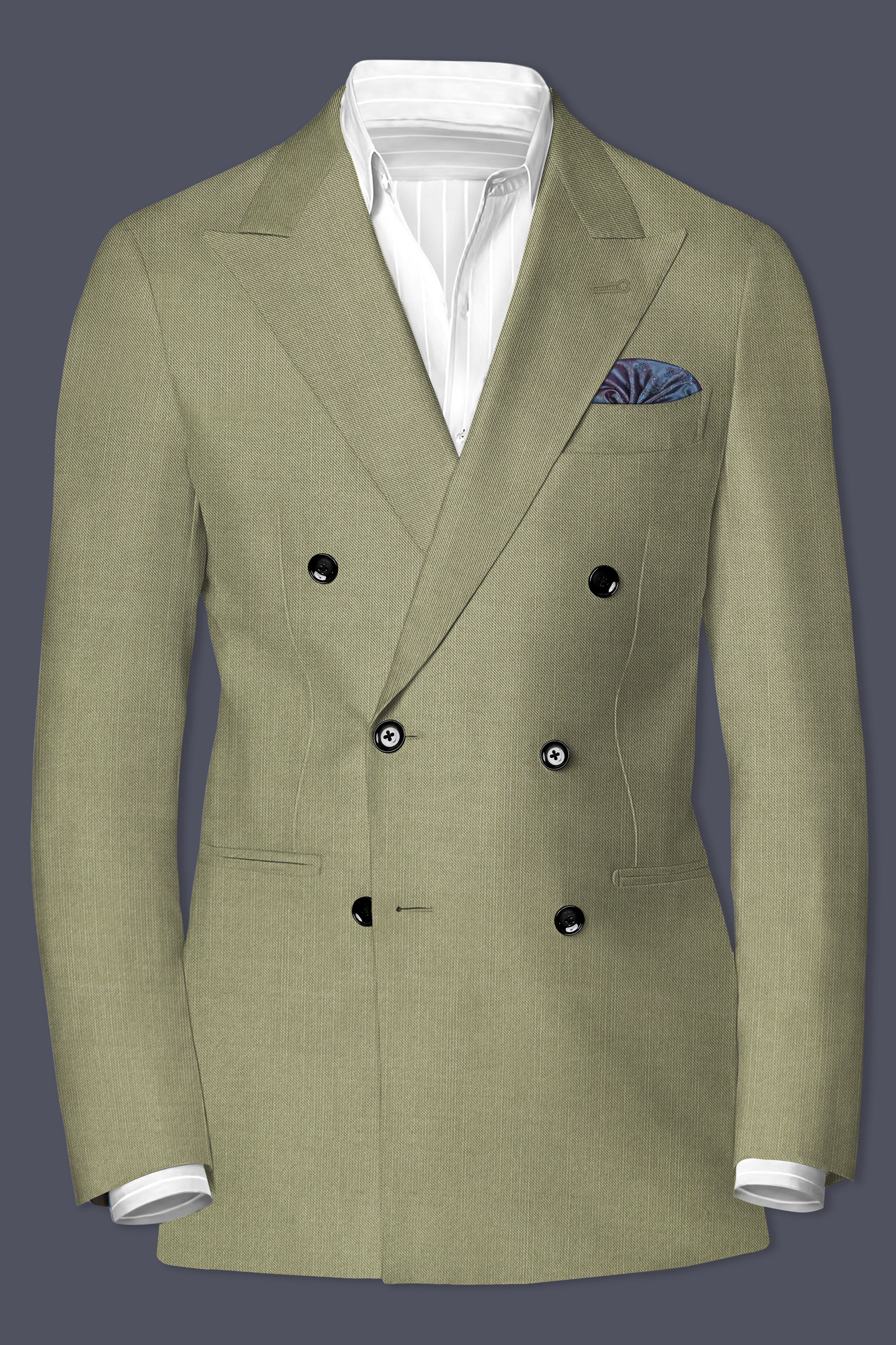 Citron-Lemon Grass Green Solid Wool Rich Double Breasted Slight Stretch Blazer