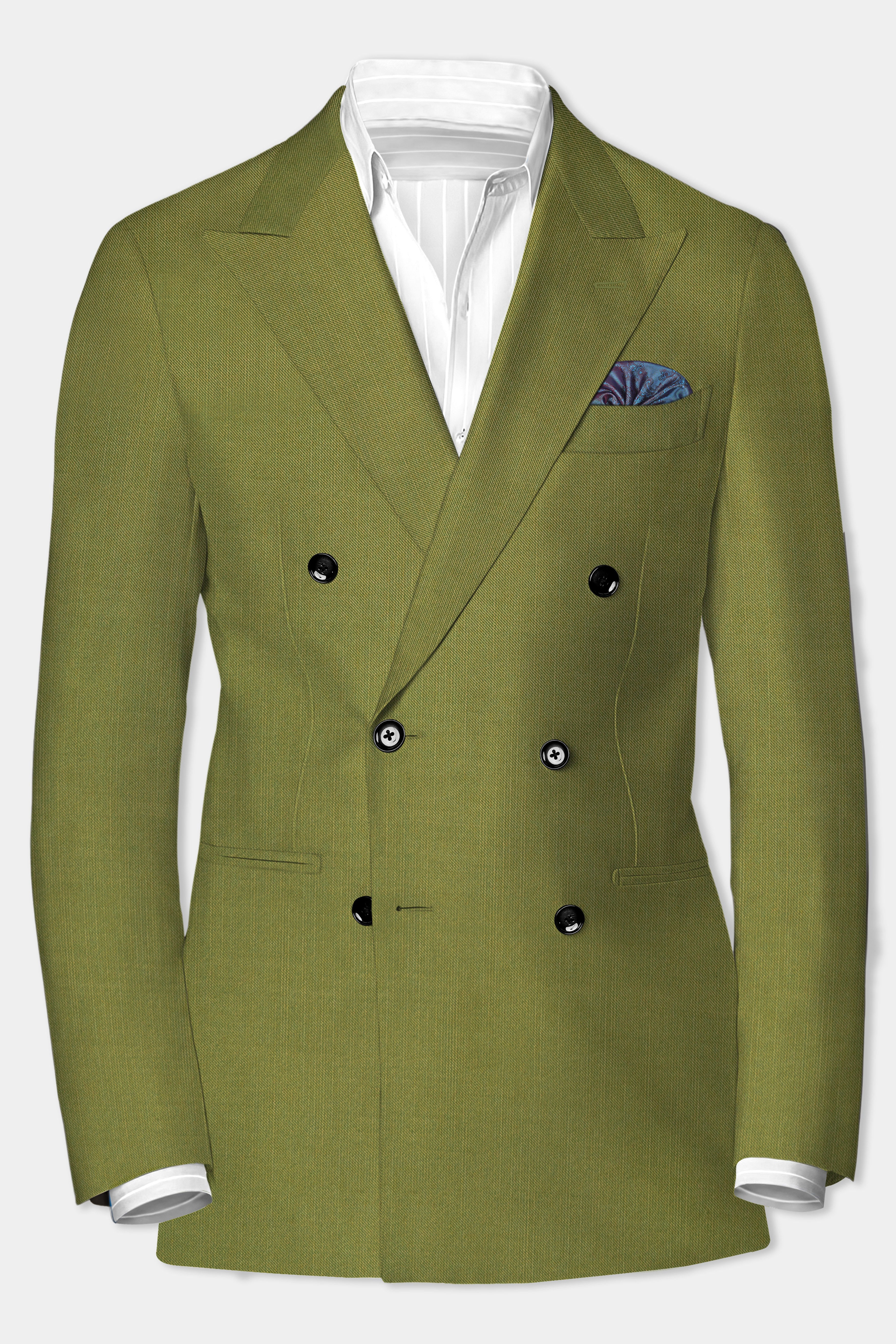 Glade-Muddy Green Solid Wool Rich Double Breasted Slight Stretch Blazer