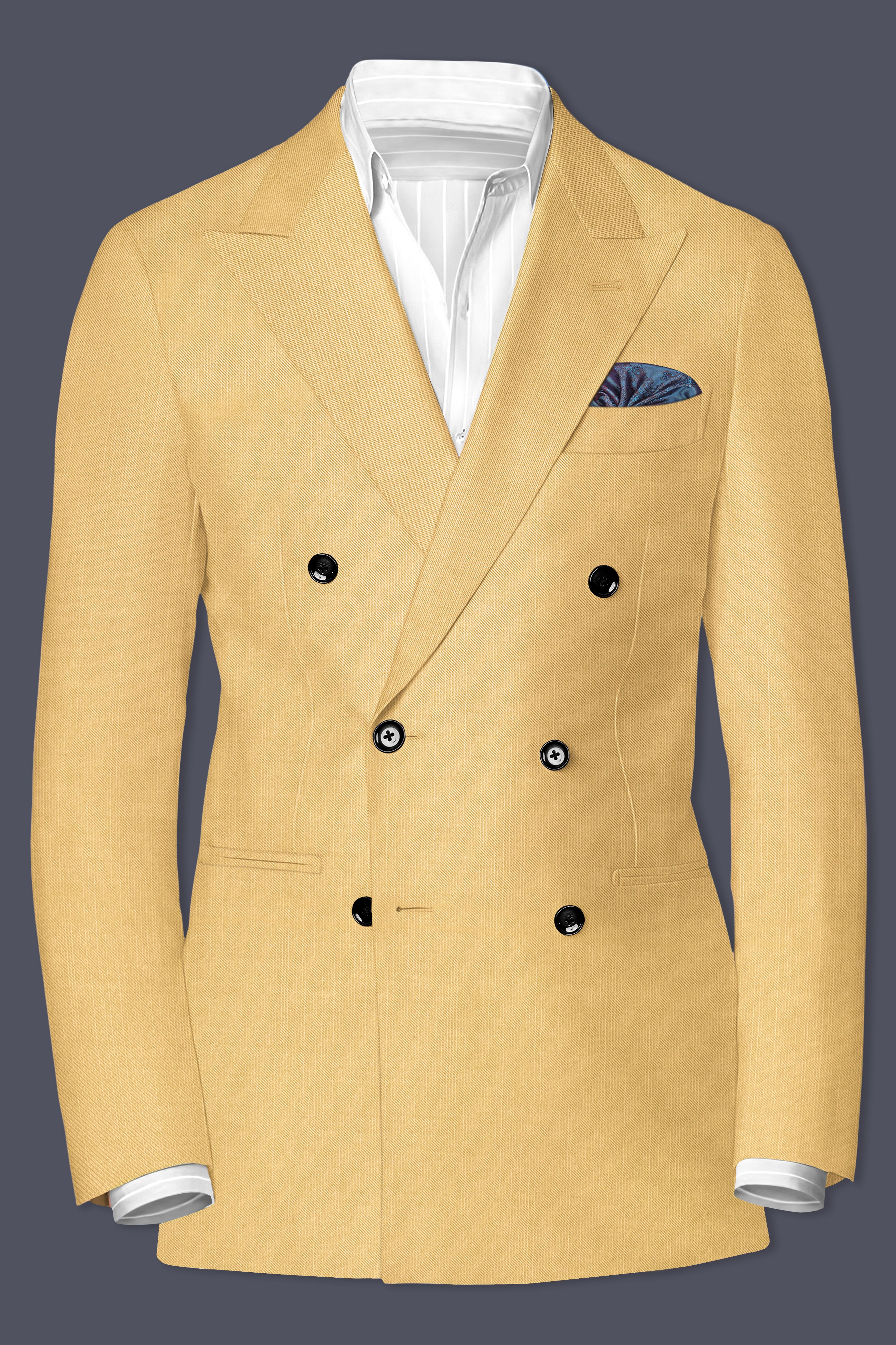 Saffron-Harvest Yellow Solid Wool Rich Double Breasted Slight Stretch Blazer