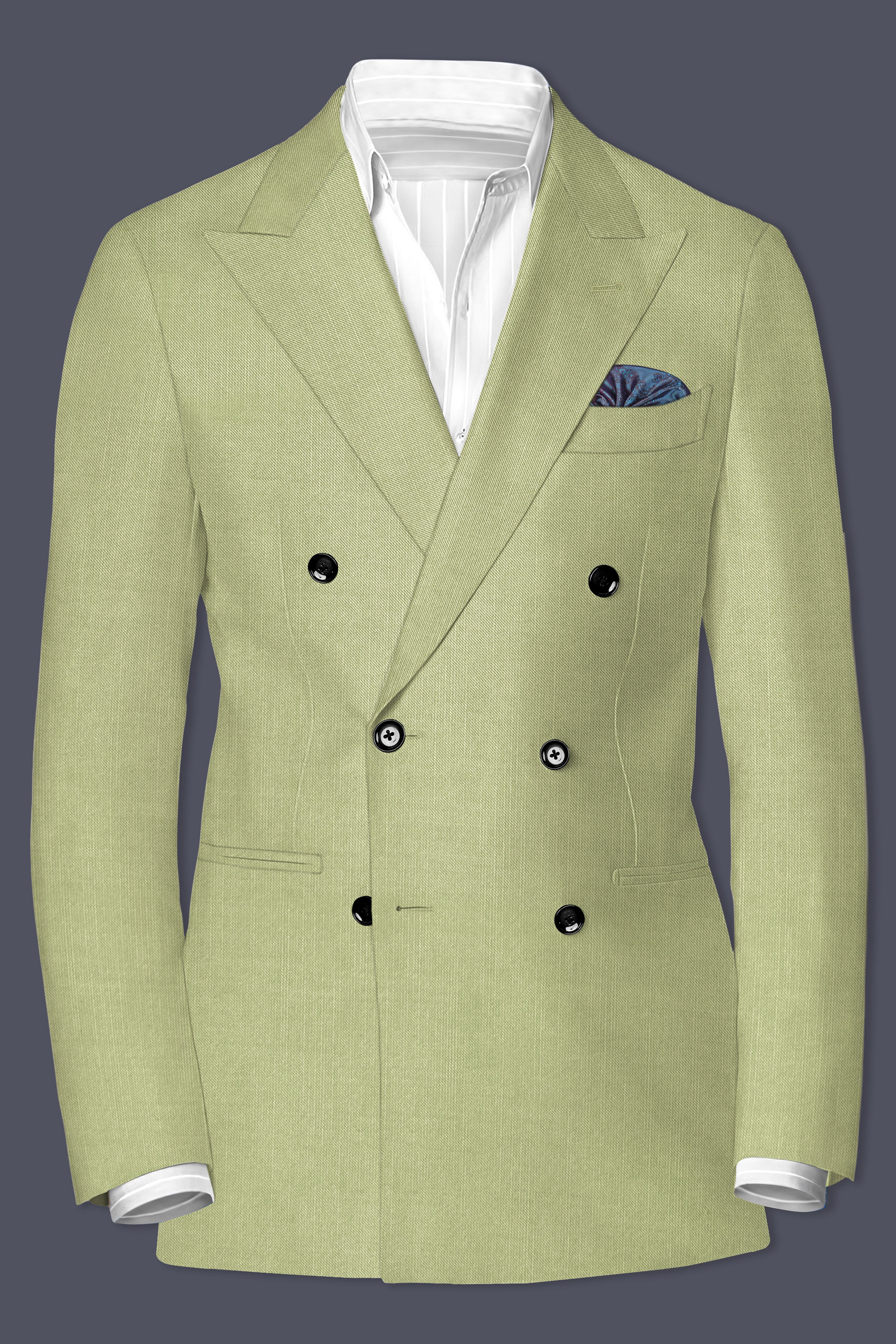 Marsh-Swamp Green Solid Wool Rich Double Breasted Slight Stretch Blazer