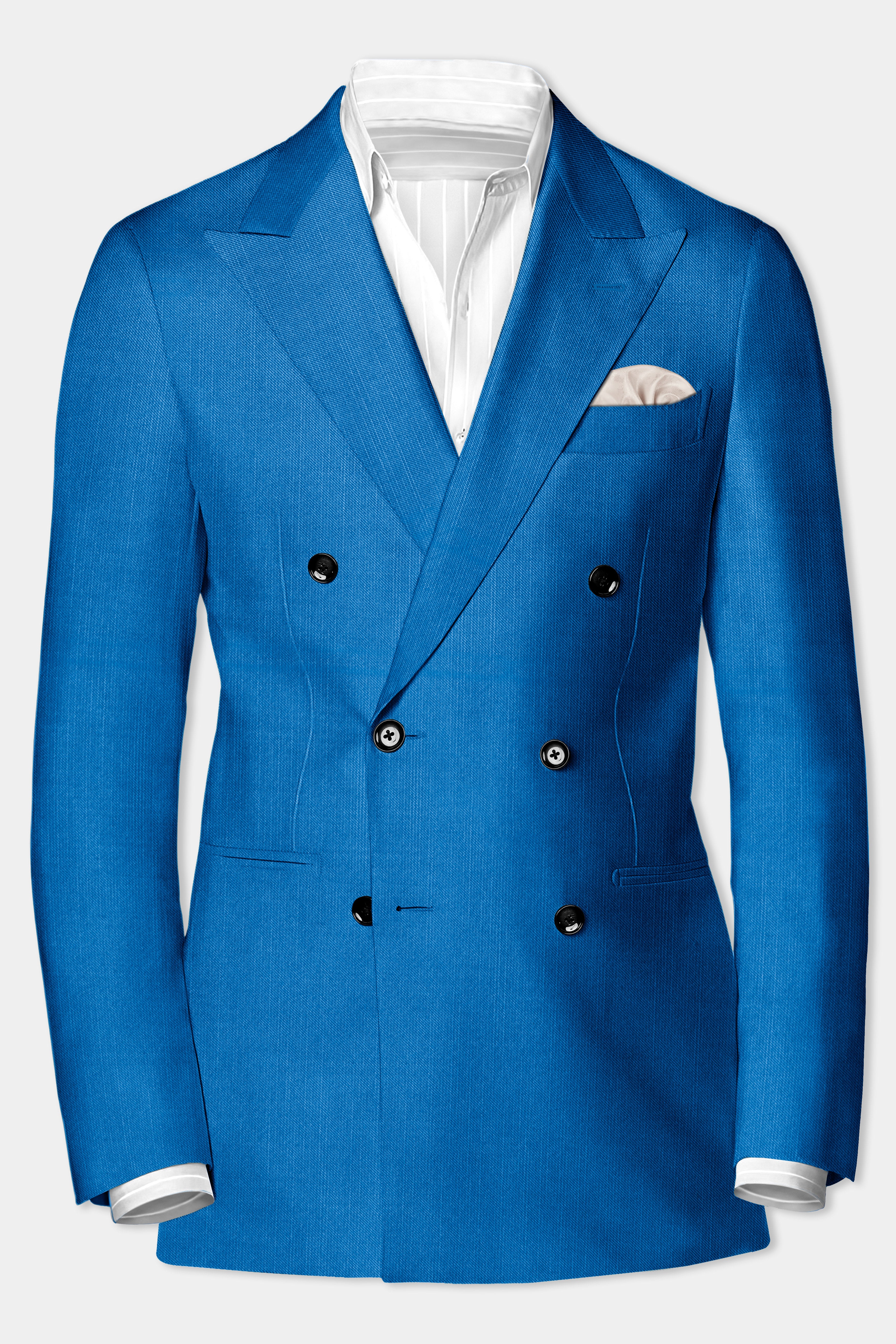Azure-Venice Blue Solid Wool Rich Double Breasted Slight Stretch Blazer