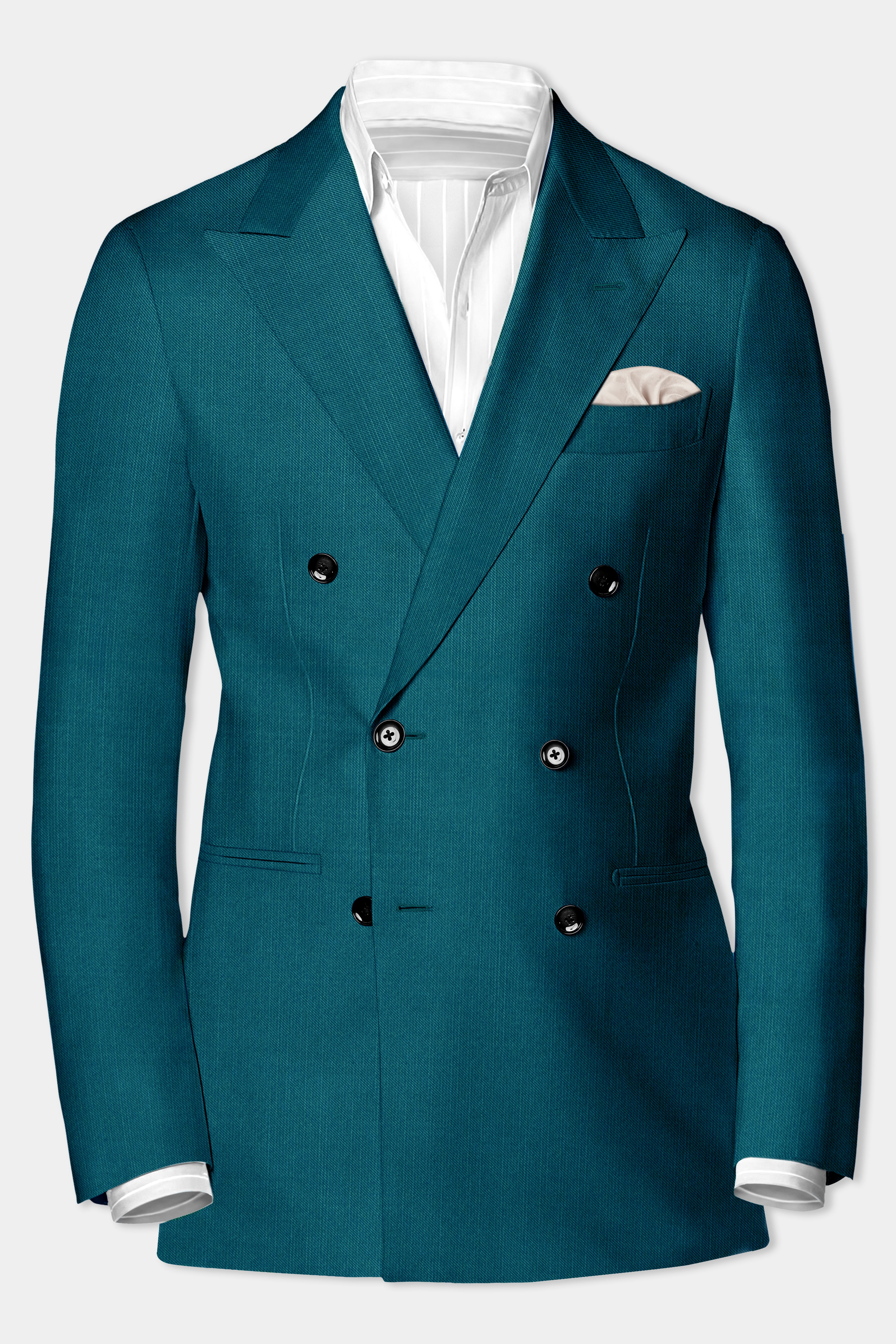 Sapphire-Peacock Blue Solid Wool Rich Double Breasted Slight Stretch Blazer