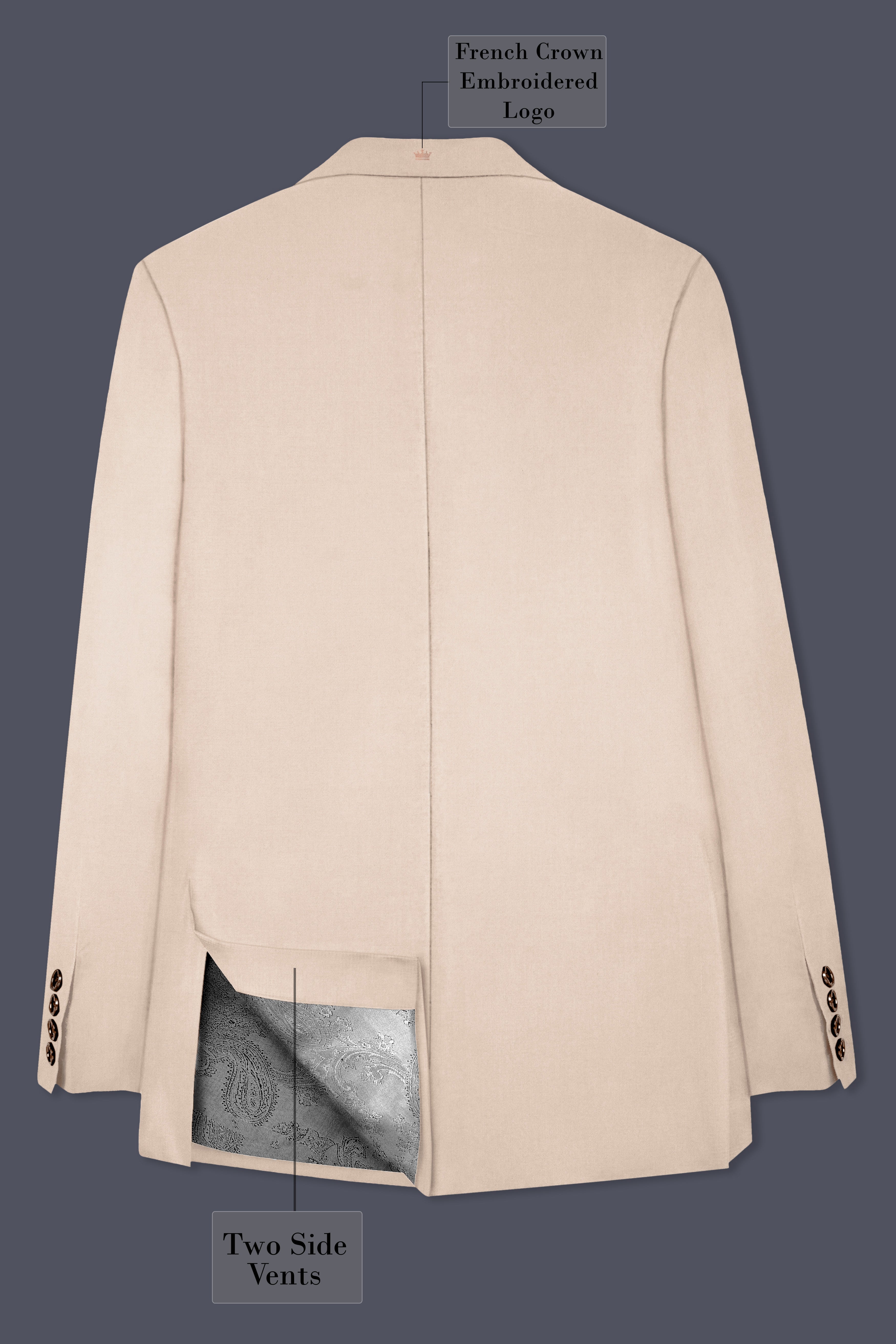 Almond Cream Solid Cotton Double Breasted Blazer