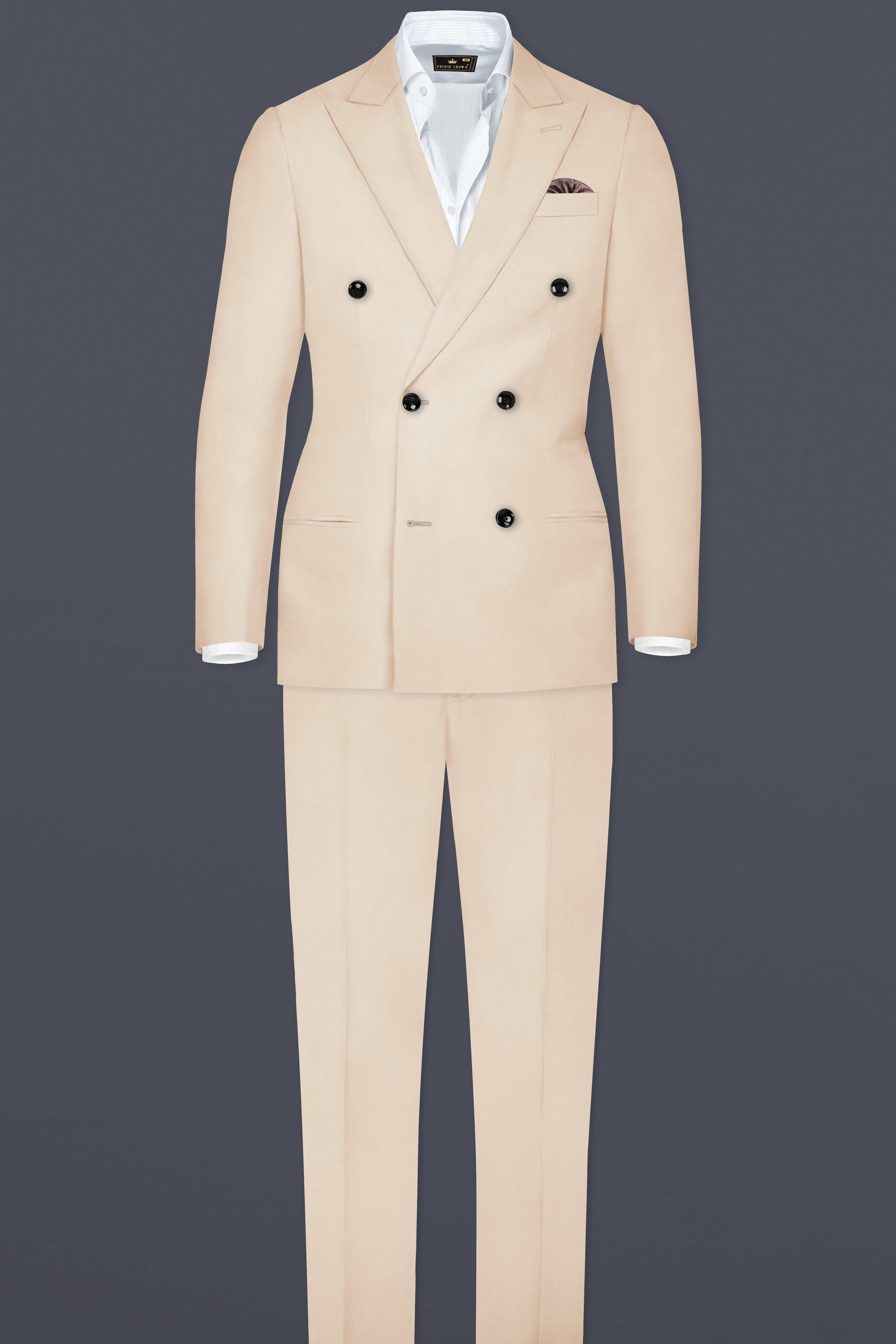 Almond Cream Solid Cotton Double Breasted Blazer