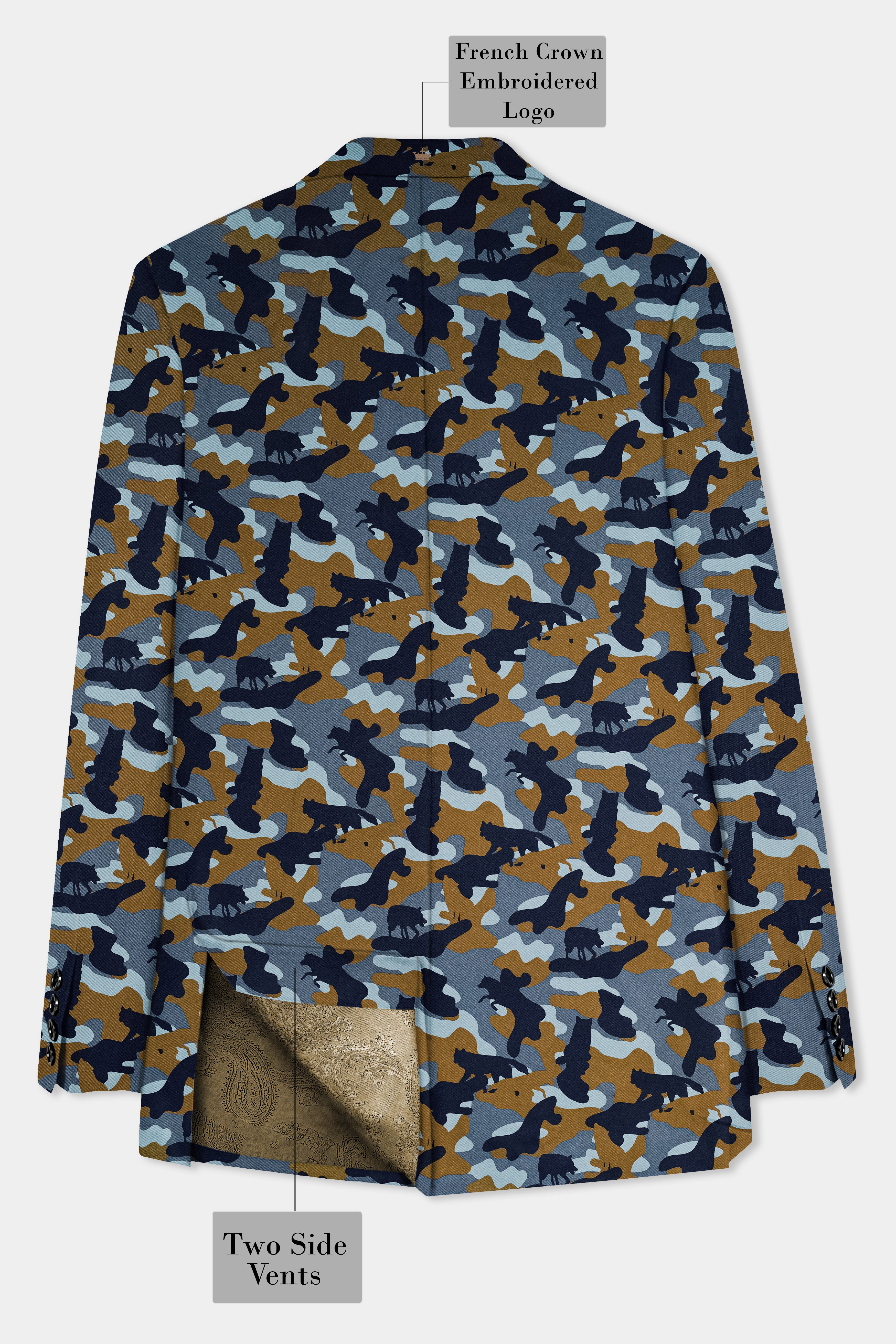 Martinique Blue And Irish Brown Camouflage Printed Single Breasted Blazer