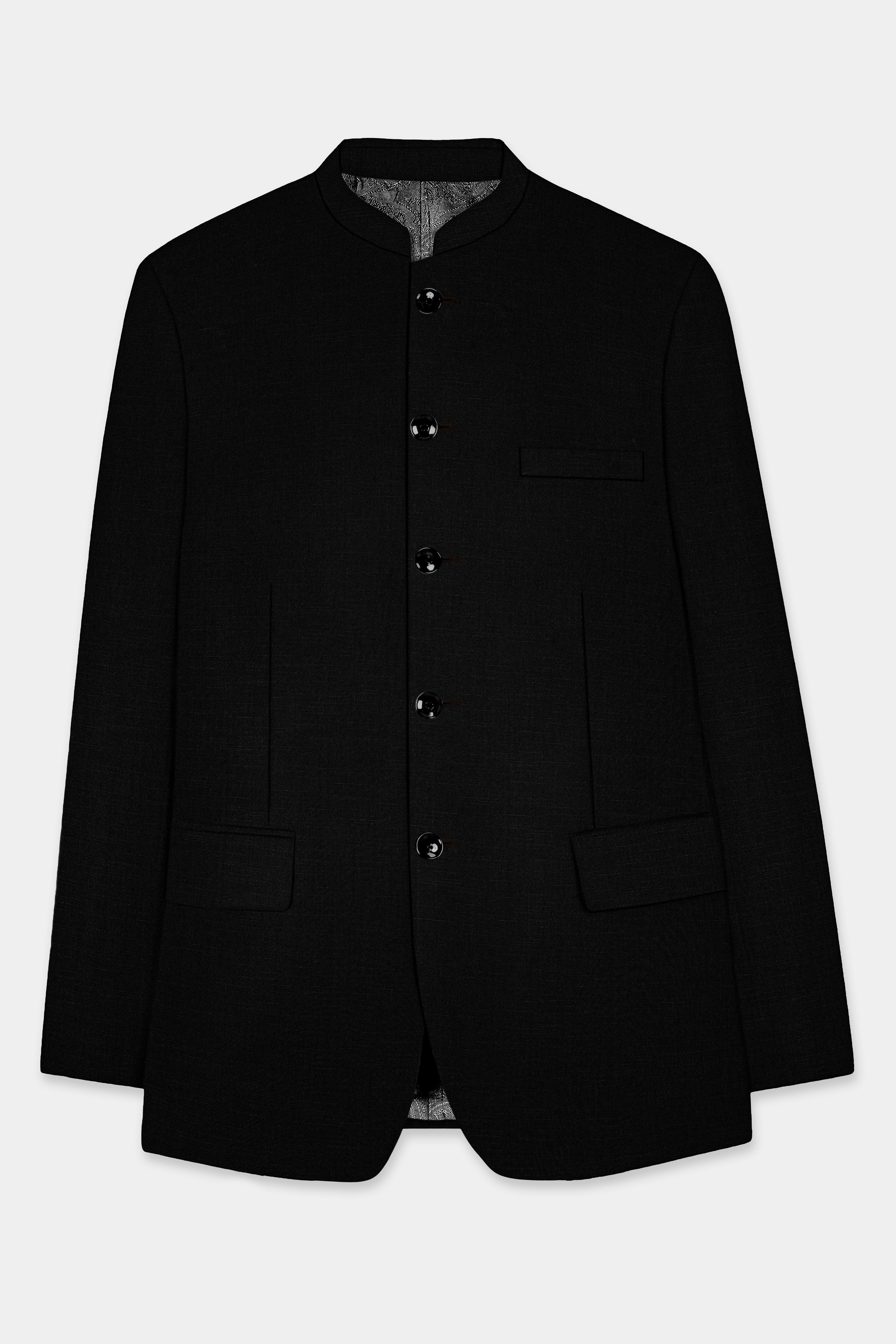 Jade Black Solid Wool Rich Bandhgala Stretchable traveler Blazer