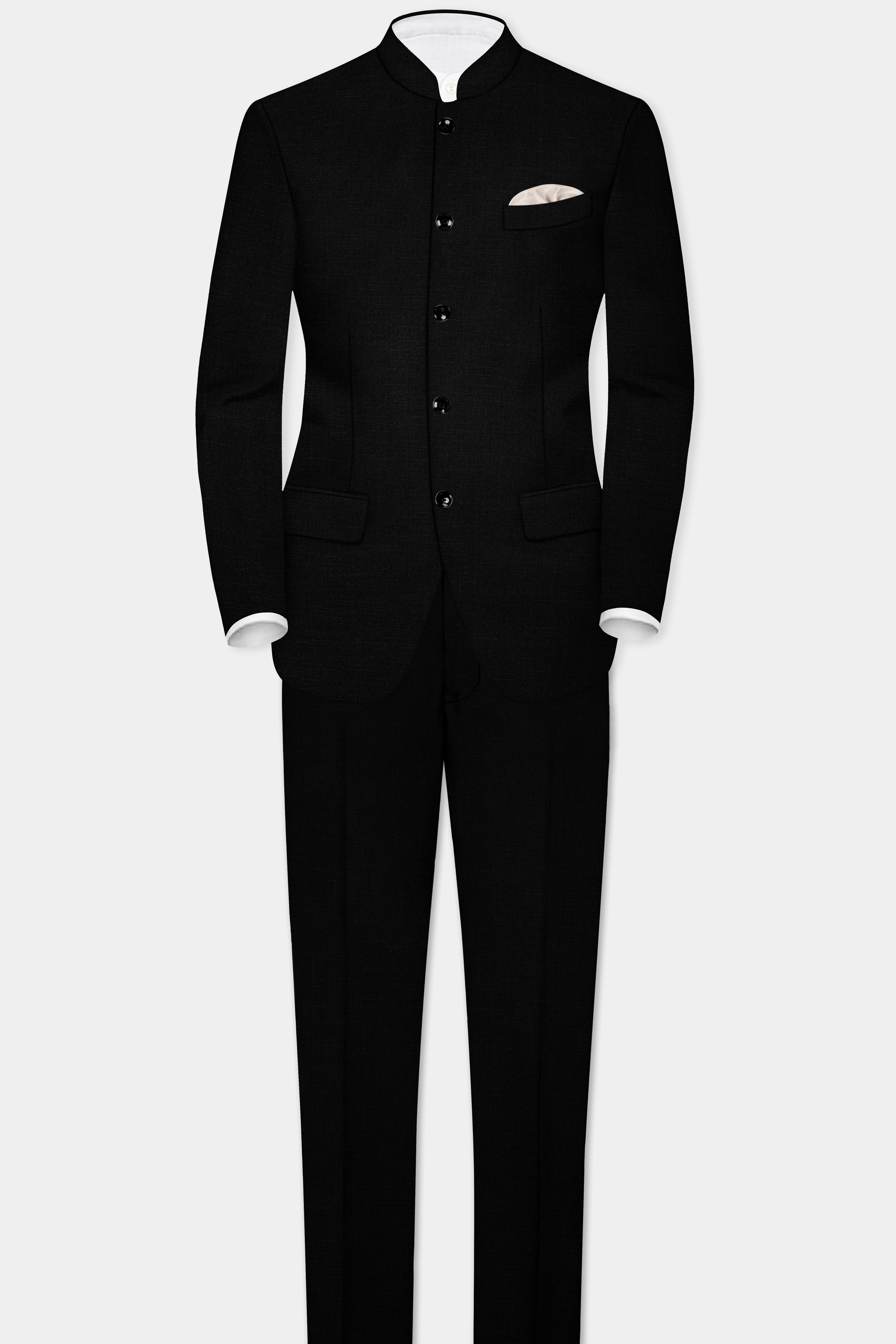Jade Black Solid Wool Rich Bandhgala Stretchable traveler Blazer