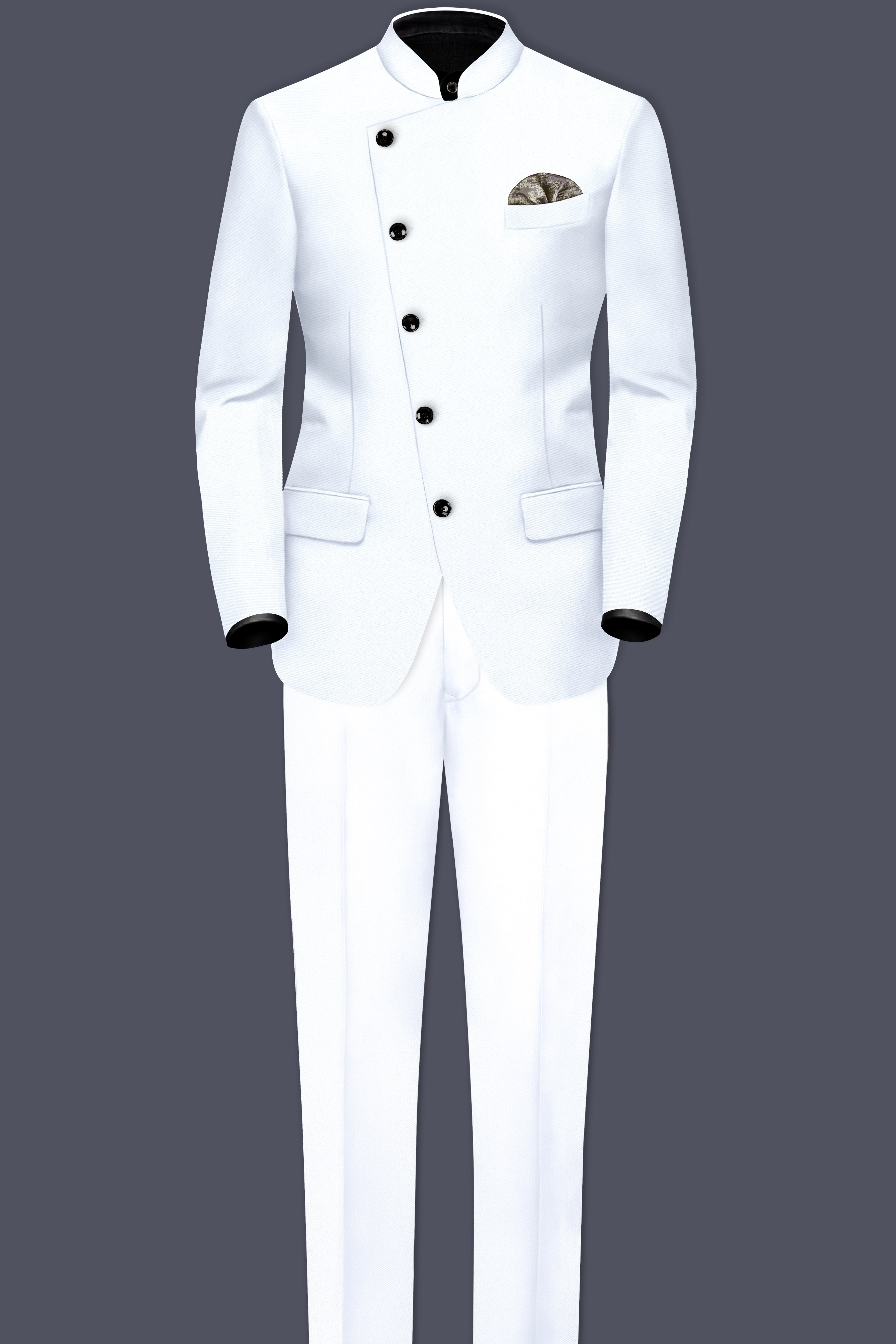 Bright White Solid Wool Rich Cross Placket Bandhgala Stretchable traveler Blazer