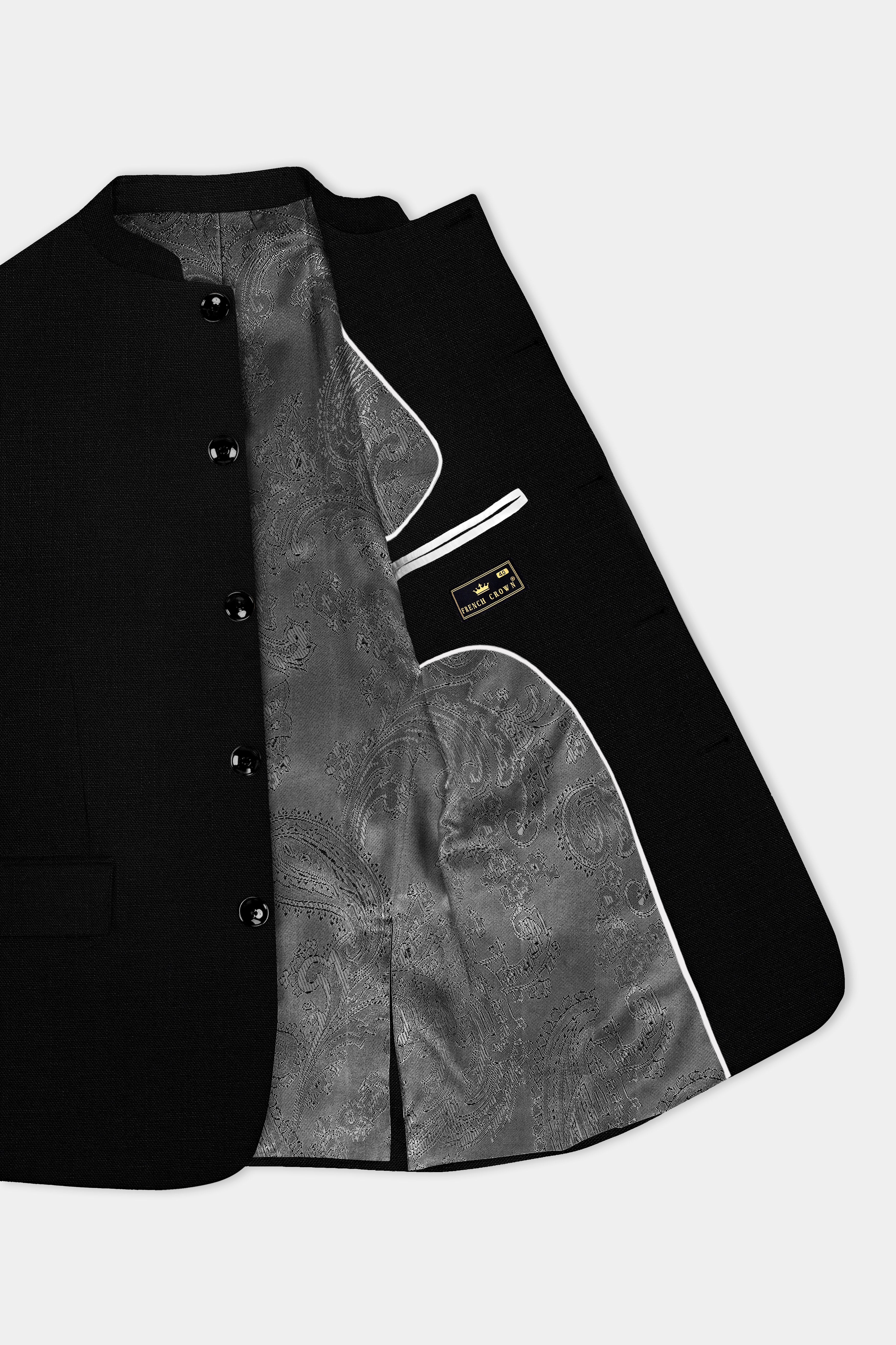 Jade Black Solid Bandhgala Luxurious Linen Blazer