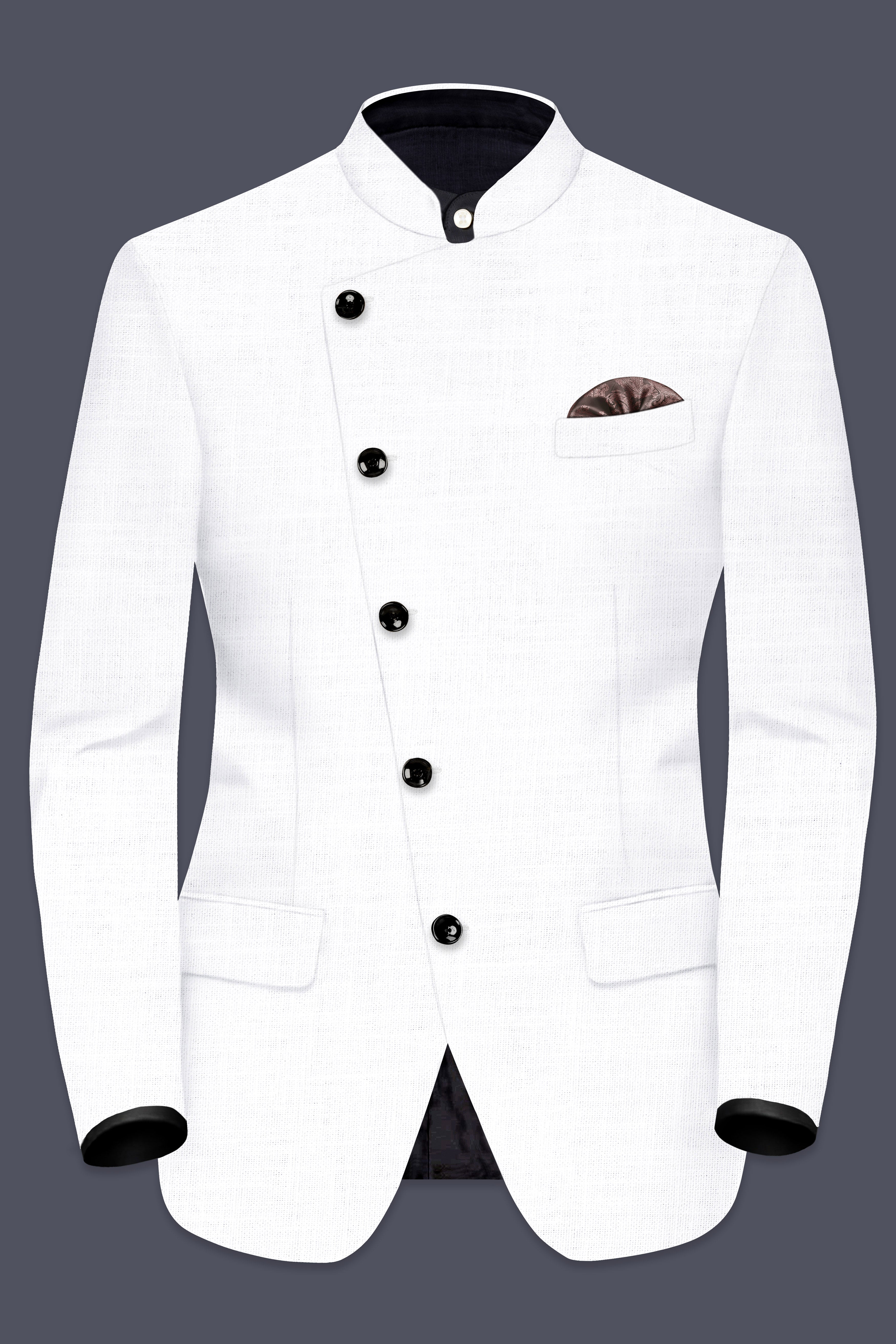 Bright White Solid Wool Rich Cross Placket Bandhgala Luxurious Linen Blazer